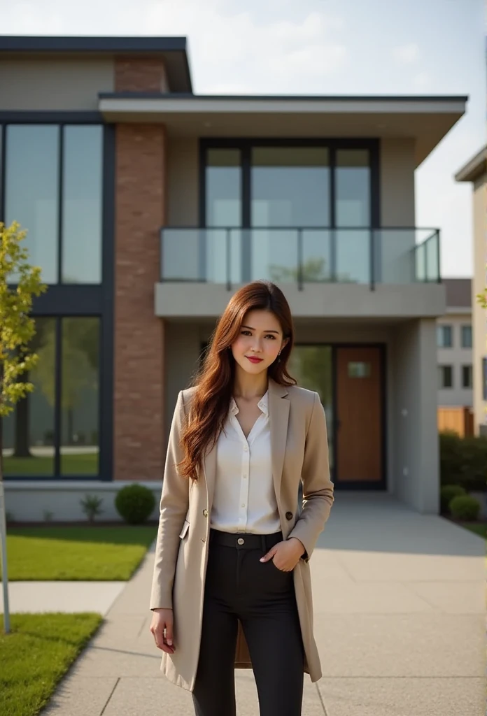 Lisamy stand front of a modern townhouse, panoramic view of townhouse, front angle into townhouse