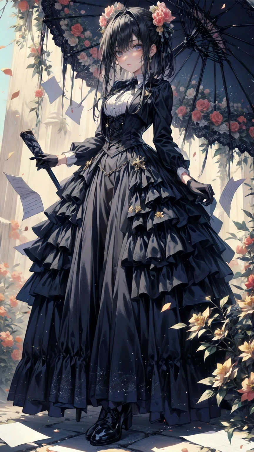 , full body view,Head to toe composition, (masterpiece), ( best quality),  illustration of a Victorian girl  、cute girl、Anime、 1. **Low Fashion**:  Victorian fashion 、 are characterized by gorgeous and elegant designs 。Ruffles and lace、  Corset  、  incorporate elements such as long dresses  。 2. **Hairstyle on**:  Victorian women's hairstyles 、 lots of complicated and delicate things  。Upstyling and curls、 At the prompt 、  It's also good to wear ribbons, flower ornaments, etc. to your hair  .。 3. **features**: Girl with a gentle face 、beautiful、cute、 intelligent Beaty , beautiful 5. **  with Accessories  **:  Accessories played an important role in the Victorian era 。 have 、Gloves、[umbrella, hang on.、  By drawing accessories with attention to detail with prompts 、 、  you can give your character personality  。 Nice dress、Floral、  Gorgeous Costumes  、  pastel colors, ( Shining brightly ), (( is dazzling)), ( lots of petals drifting , ((2D)), ((Paper Art))
