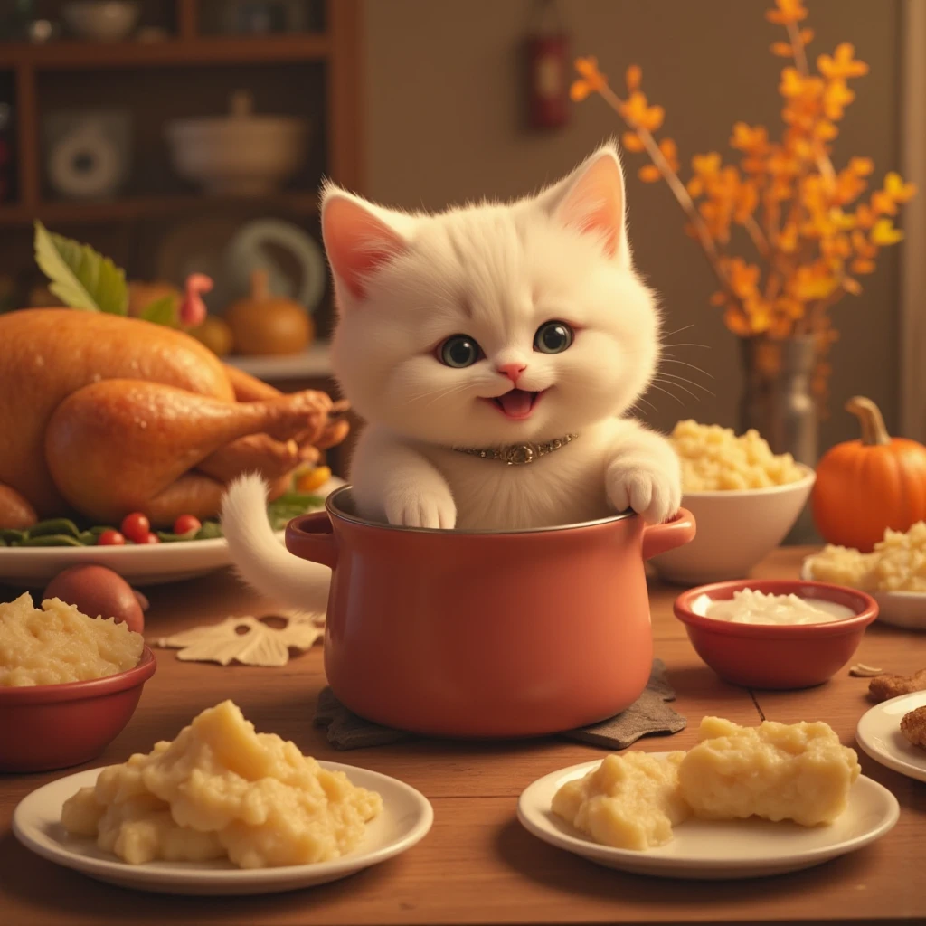  Very happy Scottish fold kitten preparing thanksgiving dinner, Super cute 