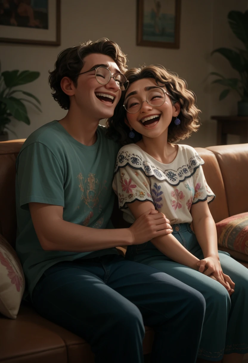 MirabelM, glasses 1girl, full sitting on sofa with a man laughing 