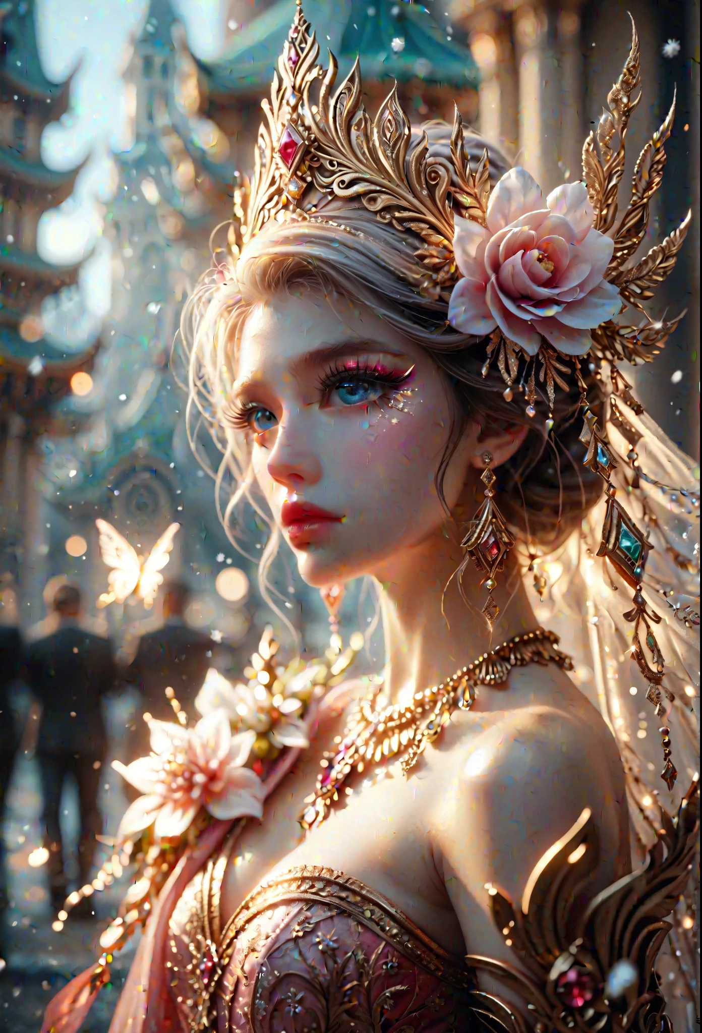 score_9,score_8_up,score_7_up,dramatic lighting,highly detailed,high budget,bokeh,cinemascope,moody,epic,gorgeous,film grain,grainy,masterpiece,best quality,perfect anatomy,very aesthetic,official art,8k, Real sharp photo, snowing, snowflakes in the air, blurred background, Black, pink, fuchsia, red portrait of a gorgeous sexy princess, caucasian, white milky makeup, ethnic dress with floral gowns, hair ornament made of blooming flowers, crystals, blurry background, tiara, earrings, facing the viewer stands amidst snowflakes, rose gold minerals, shiny aura, highly detailed, frozen organically grown crystals, gold and pearl filigree, intricate motifs, organic tracery, Kirnan Shipka, Januz Miralles, Hikari Shimoda, glowing stardust by W. Zelme. A mesmerizingly enchanting scene unfolds in this cinematic film still. The image, likely a photograph, is highly detailed, realistic, and dreamlike. The woman radiates a magical quality, in the lush, vibrant field surrounding her. The overall effect is breathtaking and truly captivating, inviting viewers to lose themselves in the allure of this enchanting moment,
