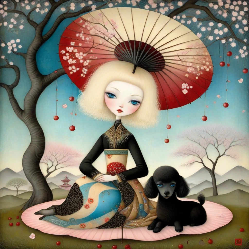 Patchwork by Klimt, Nicoletta Ceccoli, Naoto Hattori, Catrin Welz-Stein, Leonora Carrington of wide shot of  Oriental garden, (woman with blond hair, blue eyes),  sitting quietly with her black dwarf poodle, under the exquisite cherry trees adorned with delicate cherry blossoms, in hand a decorative paper umbrella, cherry trees