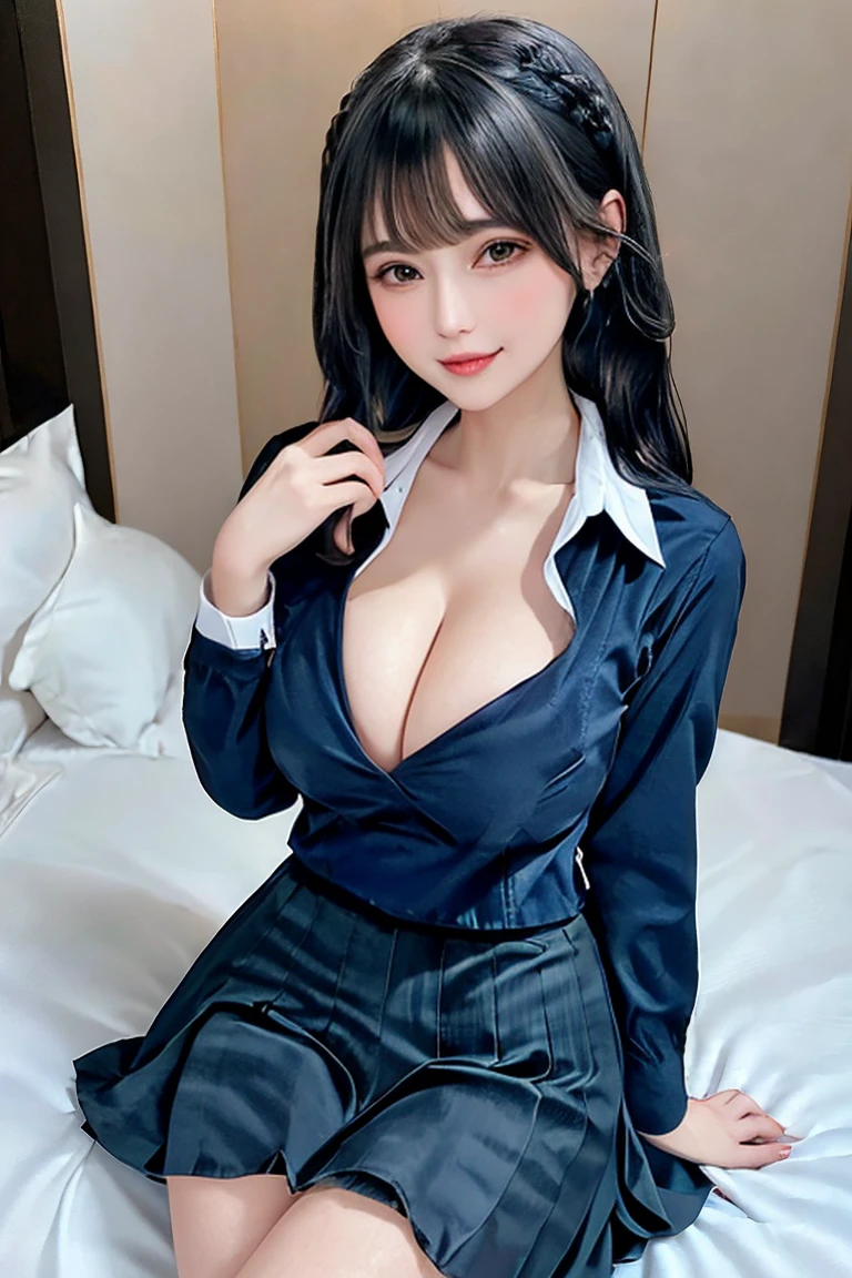 , best quality,8k, masterpiece,  ultra high resolution, (Photographically: 1.4),, (((2girls)))､{{whole body!!}},(((Big Breasts))),another々Hair Color、another々Hairstyle, ((Seductive smirking )) , {{Big Breasts!!}}, Big Breasts,,{ School Uniform }、(open shirt)、( School Uniform )， micro mini skirts、 micro mini skirt 、女の子のCute room、Side by side 、( sit in bed), Sisters、cute、cute、( thick thighs )､ cleavage､, (((2girls)))，Cute room， looking at viewer