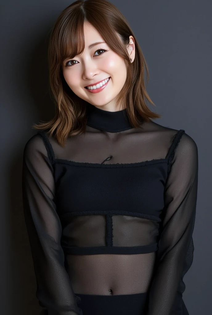 8k, RAW Photo, Best Quality, Masterpiece:1.2),(Realistic, photo-realistic:1.37), Super Detail, She is wearing tight thin fitting transparent black long sleeve turtleneck , no pants, transparent black pantyhose, cinematic lighting, ecstacy face, monotone background, facing front, smiling, portrait, dressed up to the belly button, dressed up to the neck
