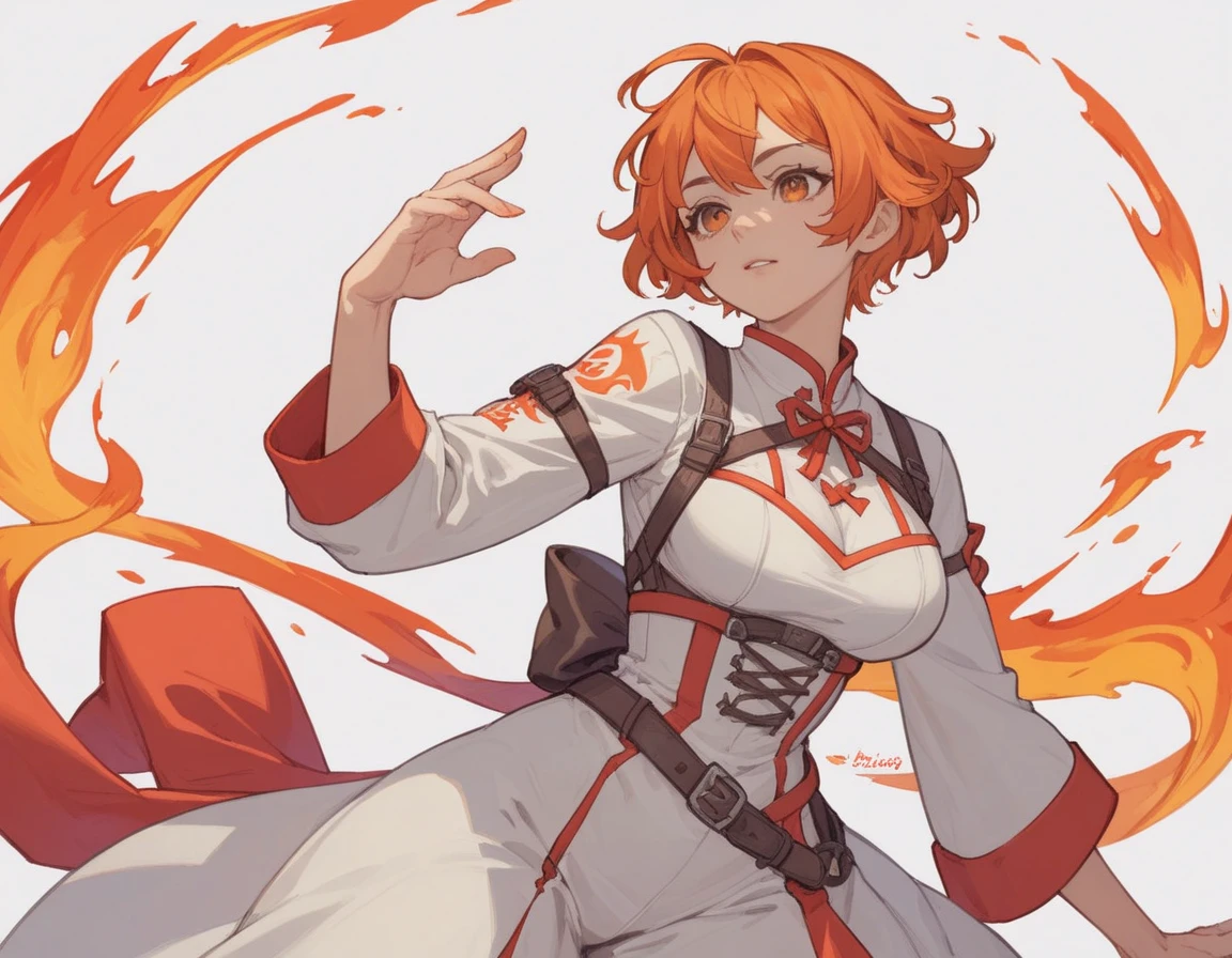 Fire girl with short orange hair, white clothing, anime style, white background