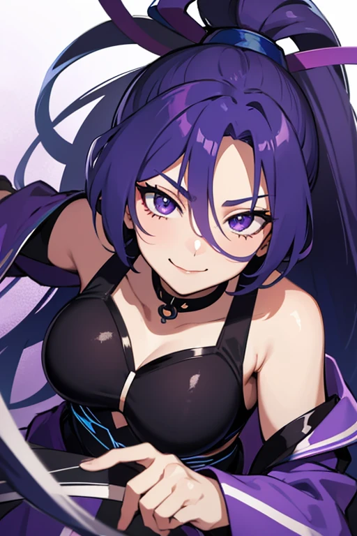 anime girl with long gray hair, one gray eye and one purple eye, with black sclera