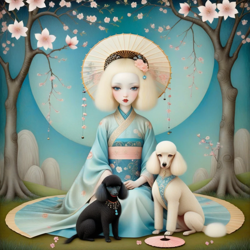 Patchwork by Klimt, Nicoletta Ceccoli, Naoto Hattori, Catrin Welz-Stein, Leonora Carrington of wide shot of Oriental garden, (woman with blond hair, blue eyes), sitting quietly with her black dwarf poodle, under the exquisite cherry trees adorned with delicate cherry blossoms, in hand a decorative paper umbrella, cherry trees
