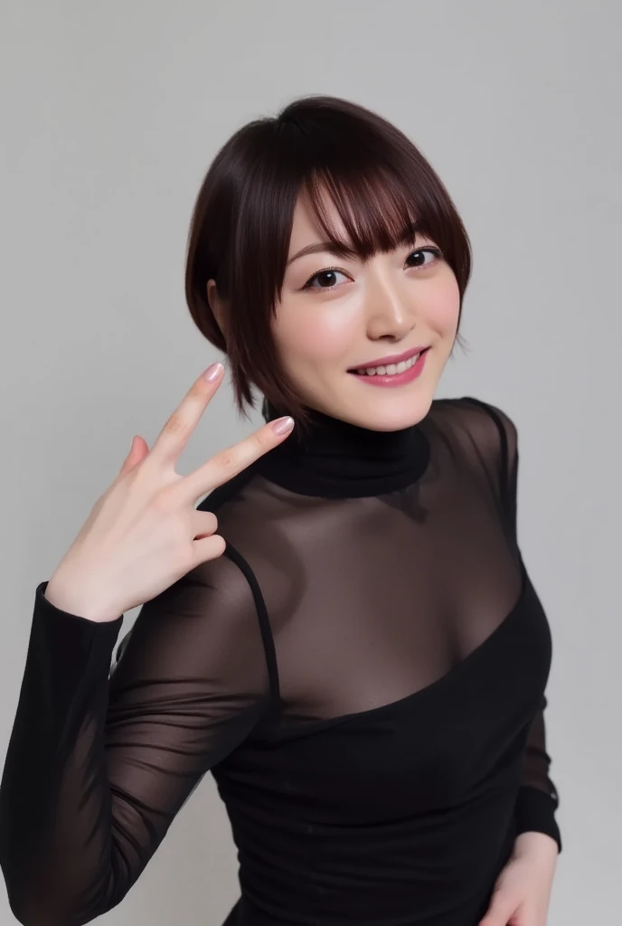 8k, RAW Photo, Best Quality, Masterpiece:1.2),(Realistic, photo-realistic:1.37), Super Detail, She is wearing tight thin fitting transparent black long sleeve turtleneck , no pants, black pantyhose, cinematic lighting, ecstacy face, monotone background, facing front, smiling, portrait, dressed up to the belly button, dressed up to the neck
