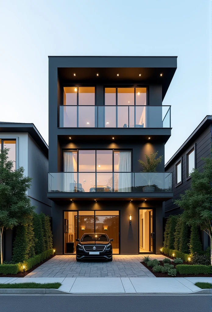 a modern townhouse, panoramic view of modern townhouse, front angle into modern townhouse