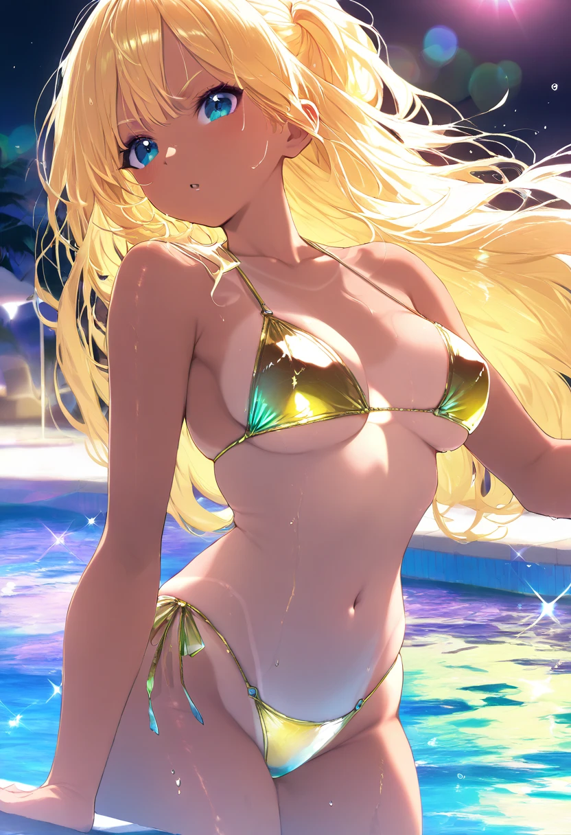 (High resolution, ultra detailed, accurate, Best Quality, Anatomically correct, masterpiece, absurdres, 8K Wallpaper), wide vew, dutch angle, 1 girl in the night pool, colorful illumination, break, wearing a gold bikini, shiny glossy iridescent clothes, break, water splash, wet skin, (tan skin:1.4),(tanlines:1.2), lens flare, glitter effect, DOF