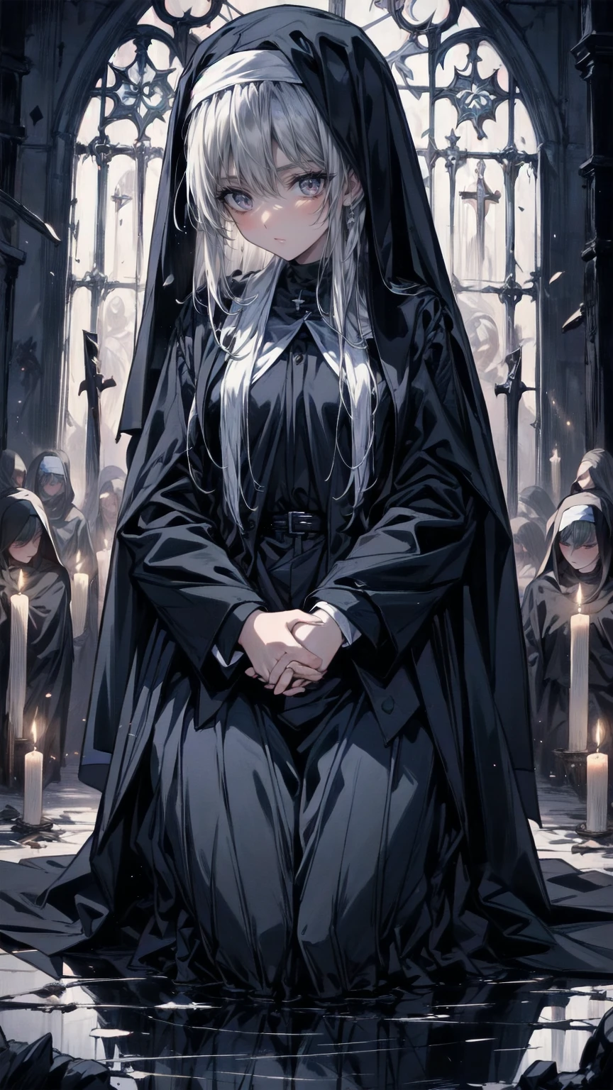 Illustration,   best quality,    1 girl,     Nun with Silver Hair and Light Blue Eyes  ,   Broken Wall Above    ,     Holding Hands and Praying    , solemn look   ,     Dark Church of Satan Worship     ,Devil's statue ,     Dark Nun with No Immaculate Windows  ,   Candlelight only  ,   Dark and depressing atmosphere  ,   Despair and Helplessness   ,     gothic and eerie atmosphere    ,     Dark Nun Clothes Reflecting Shadows    