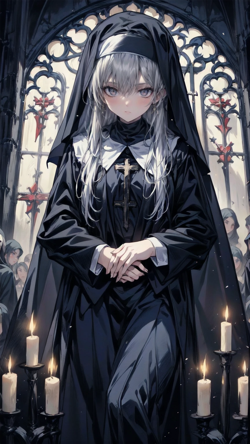 Illustration,   best quality,    1 girl,     Nun with Silver Hair and Light Blue Eyes  ,   Broken Wall Above    ,     Holding Hands and Praying    , solemn look   ,     Dark Church of Satan Worship     ,Devil's statue ,     Dark Nun with No Immaculate Windows  ,   Candlelight only  ,   Dark and depressing atmosphere  ,   Despair and Helplessness   ,     gothic and eerie atmosphere    ,     Dark Nun Clothes Reflecting Shadows    