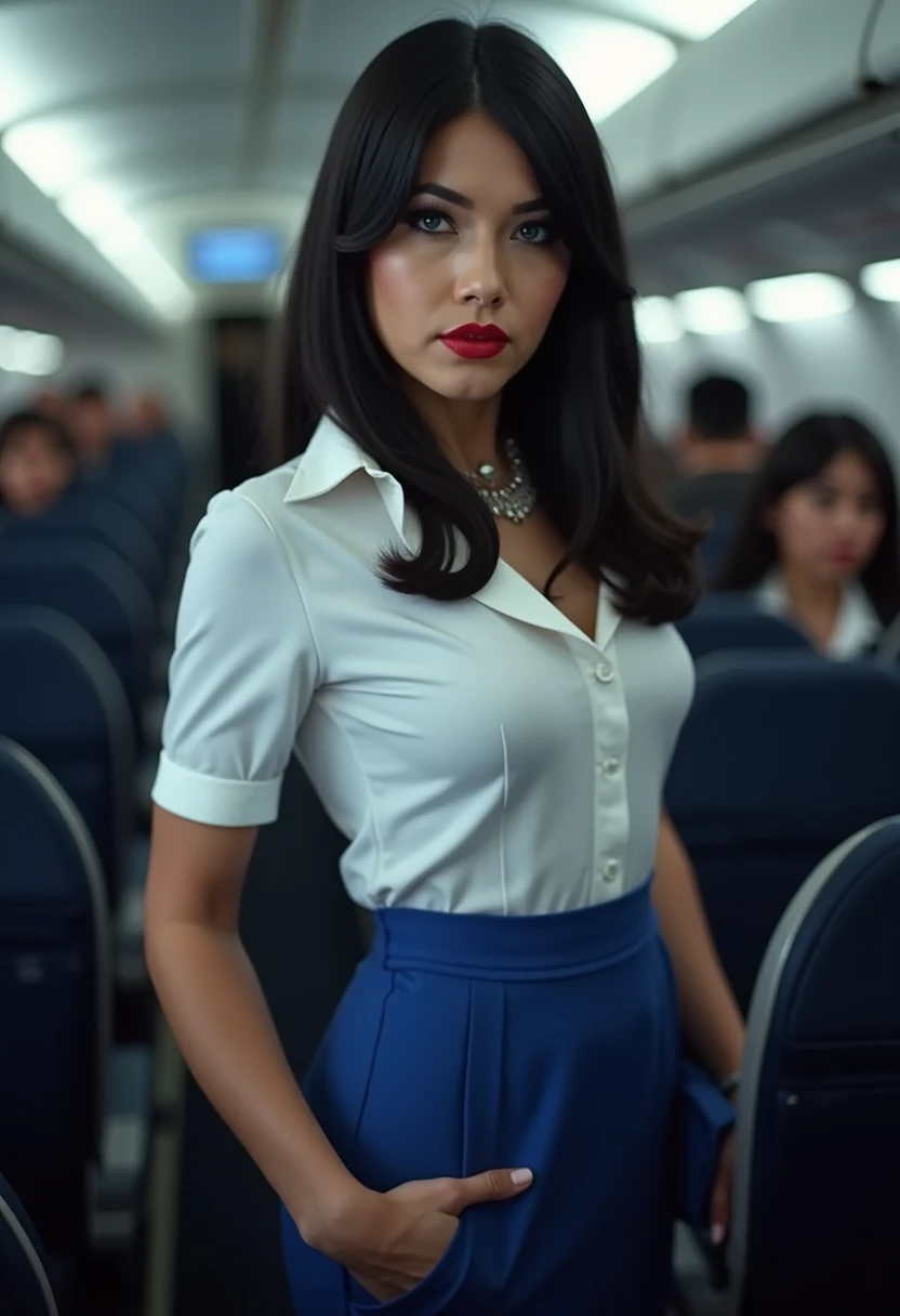 ((( three-quarter photograph ,  faint lighting ,   sharp focus (((( beautiful woman in a white shirt with a uniform collar of a stewardess, tight blue skirt ))),  she is smiling and flirting )),  bright blue eyes,  seductive,  smooth and shiny black hair , make-up,  red lips)),  Side view ,  background inside an airplane , standing, many passengers
