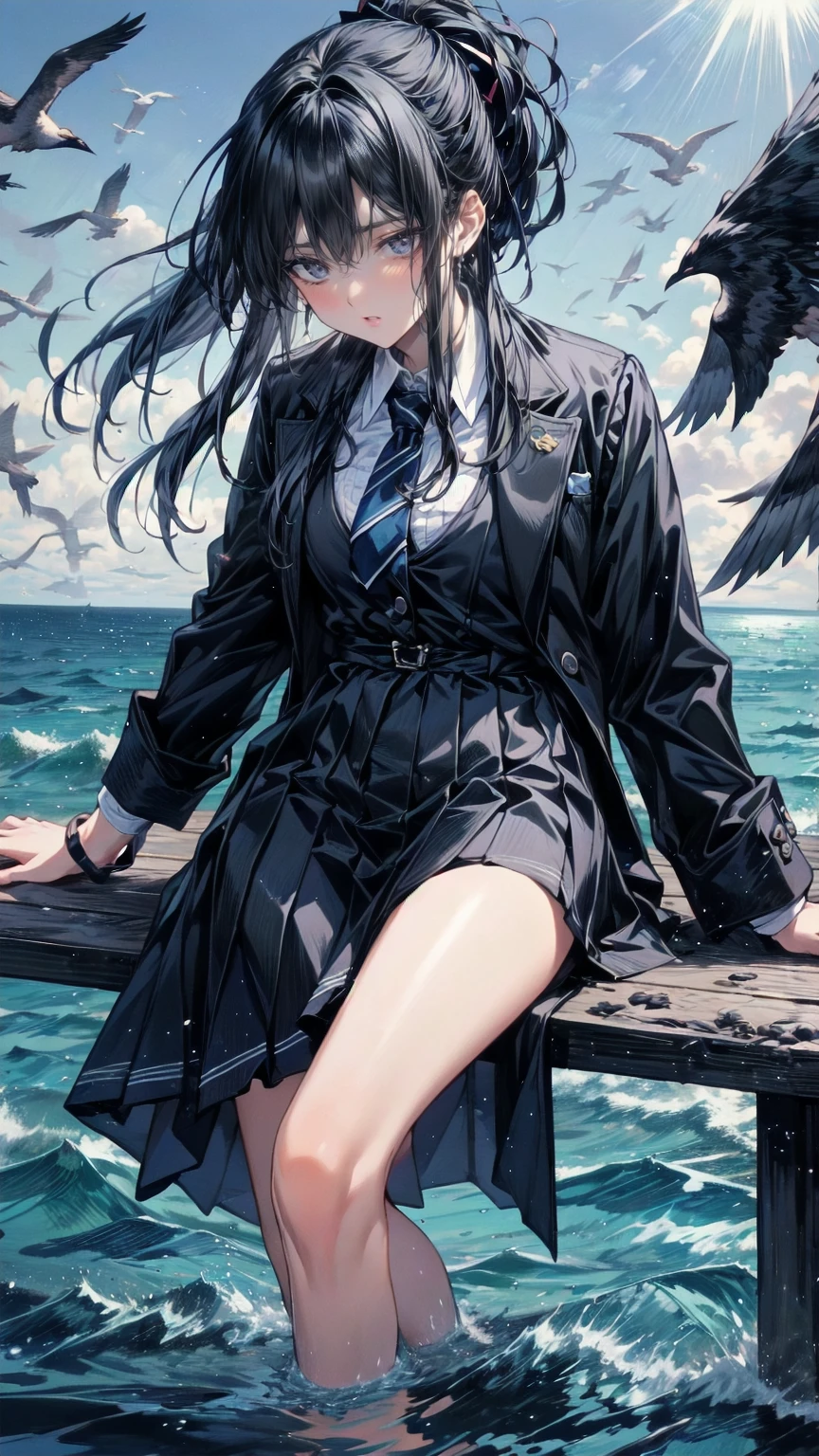 A girl came out of the sea  ,   1 girl,Ryuei  ,Grey Hair,bangs,  Long Sleeve  ,  hair accessories,  black jacket  ,  Black Hair Band  ,  High Quality  ,green dress,High Leg Raise,  skirt, Half-laugh,     has a gentle expression   ,   Seascape and sunshine in the background   , Seagulls in the sky, full length,    photorealism crying face hot cheeks