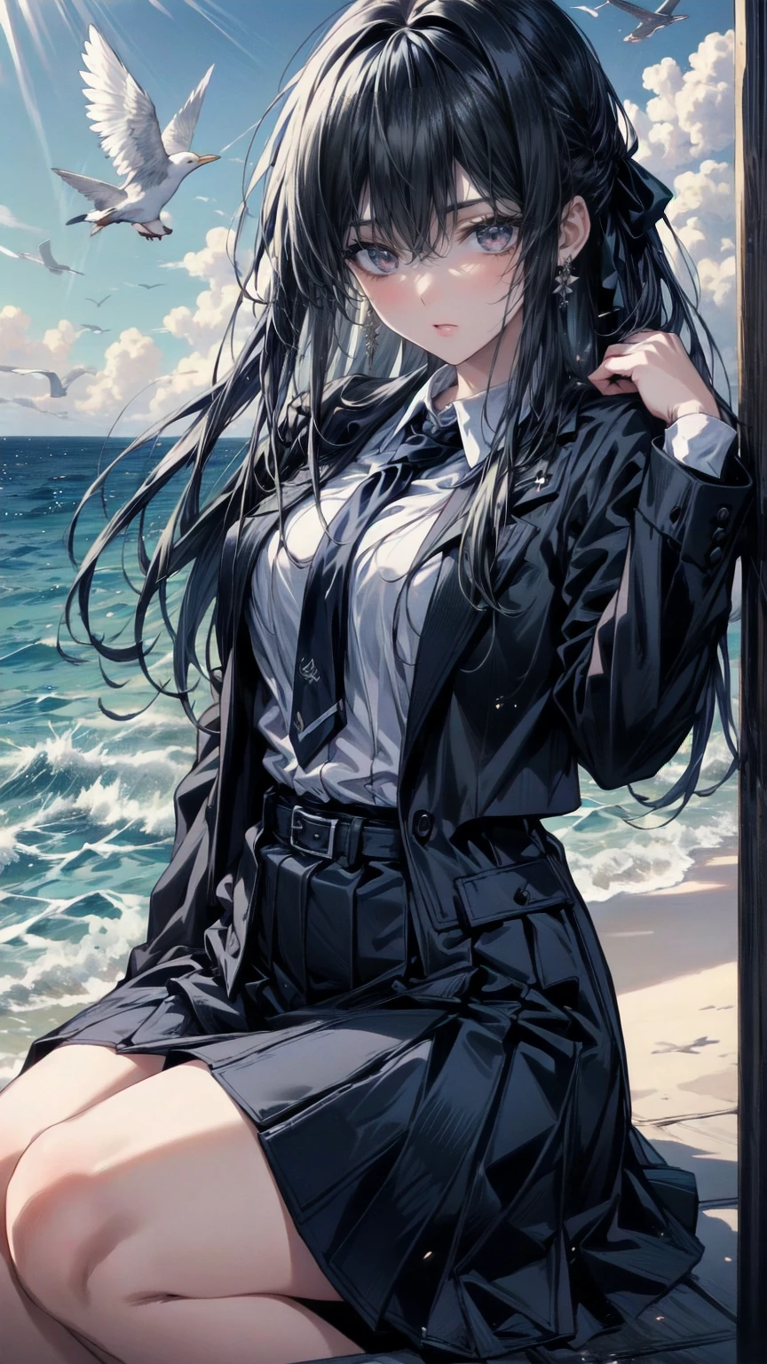 A girl came out of the sea  ,   1 girl,Ryuei  ,Grey Hair,bangs,  Long Sleeve  ,  hair accessories,  black jacket  ,  Black Hair Band  ,  High Quality  ,green dress,High Leg Raise,  skirt, Half-laugh,     has a gentle expression   ,   Seascape and sunshine in the background   , Seagulls in the sky, full length,    photorealism crying face hot cheeks