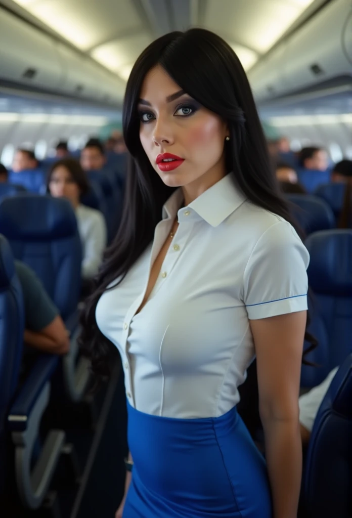 ((( three-quarter photograph ,  faint lighting ,   sharp focus (((( beautiful woman in a white shirt with a uniform collar of a stewardess, tight blue skirt ))),  she is smiling and flirting )),  bright blue eyes,  seductive,  smooth and shiny black hair , make-up,  red lips)),  Side view ,  background inside an airplane , standing, many passengers
