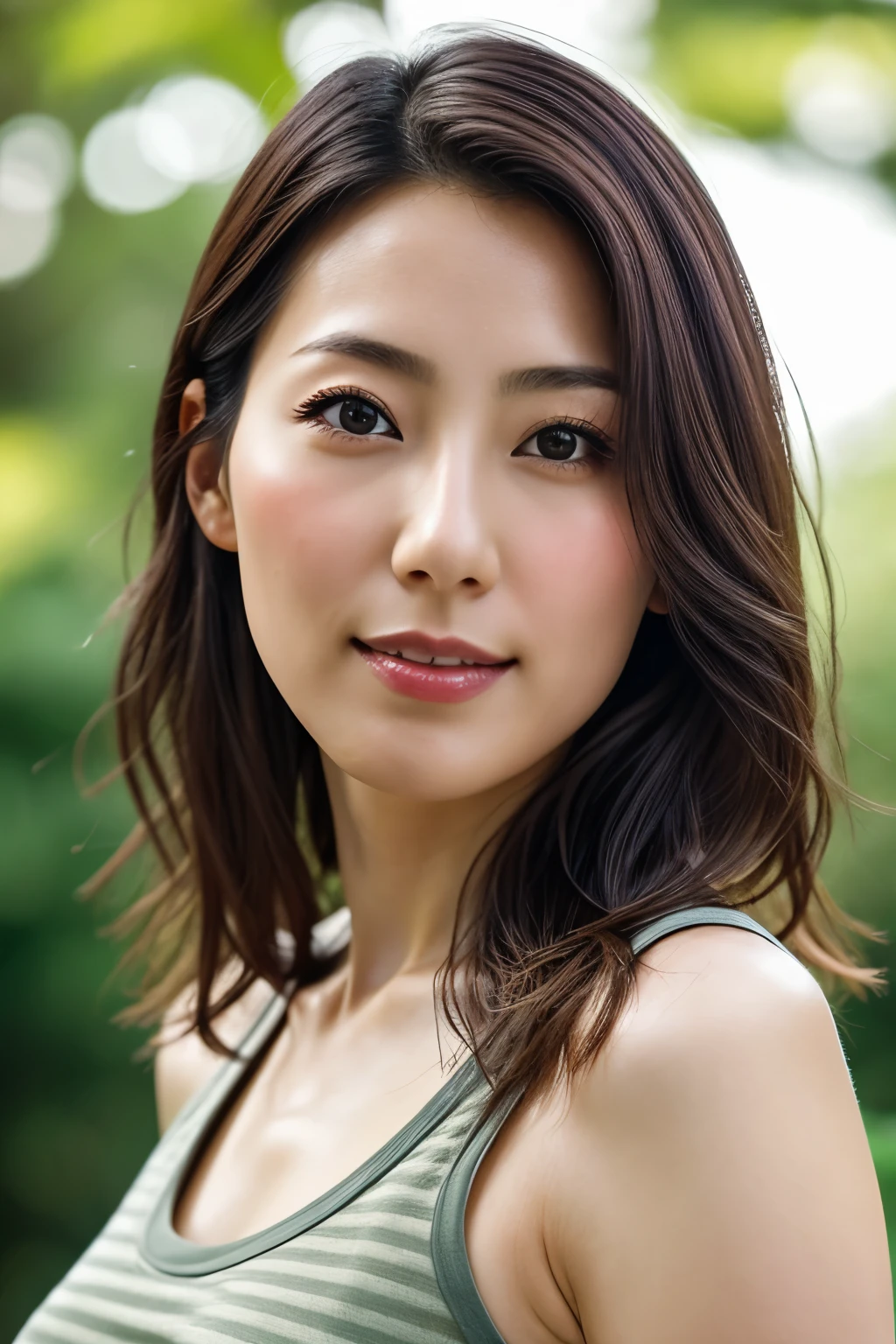 beautiful Japanese woman , 1 person, Very detailed, Age 35, brown hair, Symmetrical face, (The body is facing sideways), ( Watch Viewers), Outdoor, depth of field, (Shooting from below), upper body, (A small bulge in the chest), Medium Hair , tank top