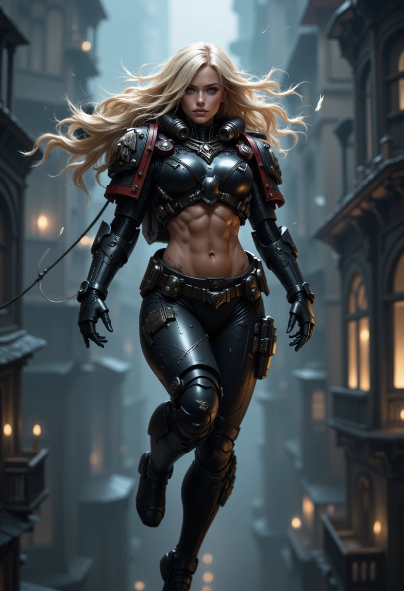 detailed portrait, masterpiece, RavenG40k, 1girl, solo, wearing black power armor, midriff, blonde hair, flying, hovering, air, jetpack, dynamic angle, creating a mystical and adventurous atmosphere, directional lighting, masterpiece, perfect composition, perfect hands, cowboy shot, mythp0rt,