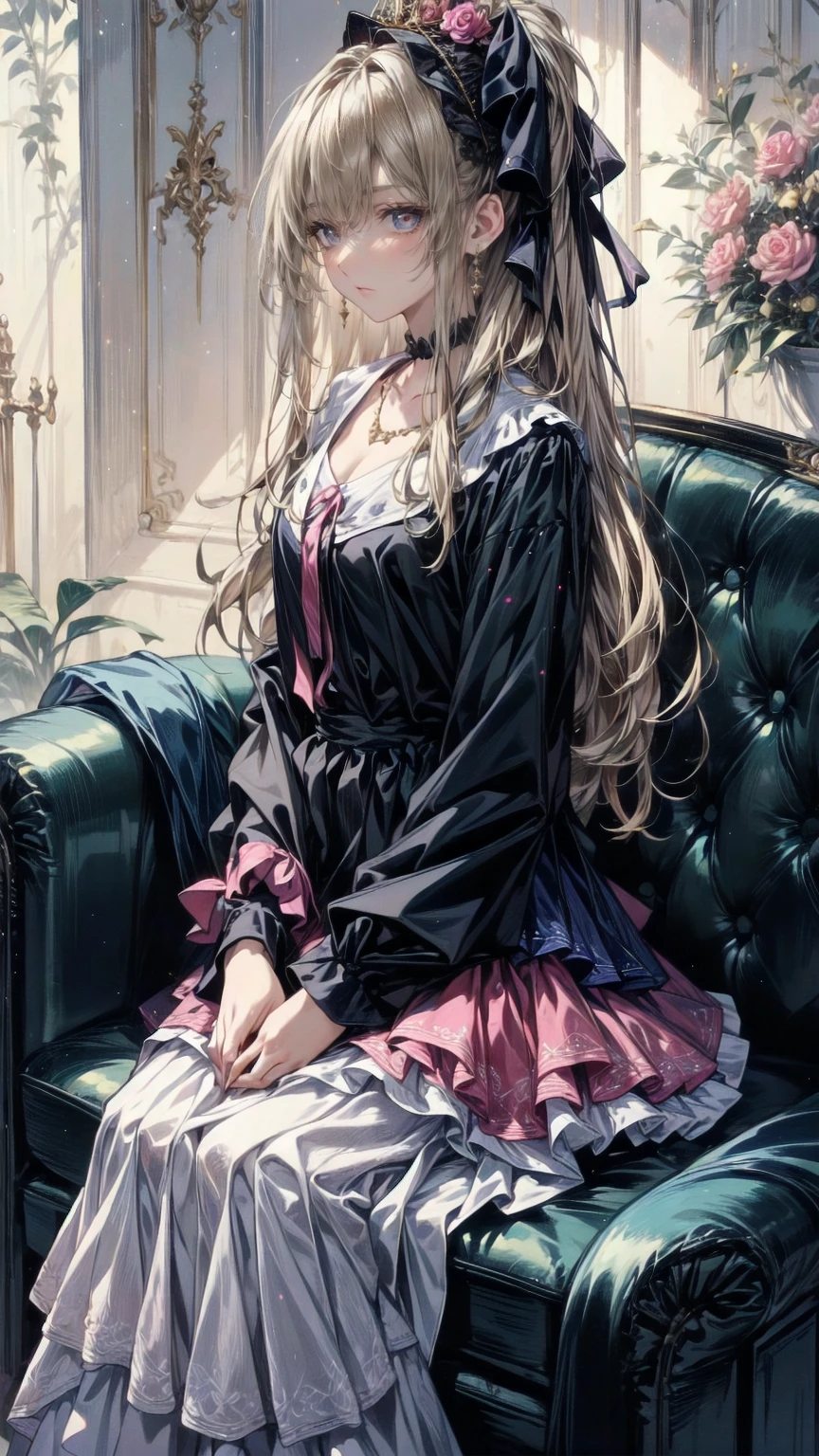 , full body view,Head to toe composition, (8k,  best quality, masterpiece: 1.2),  Ultra High Definition ,,  Marie Antoinette  ,  super detailed face ,fine grain, Open a little ,(blonde),Long Hair,  wavy hair in front of the station  , break,Rococo Ruffle Dress,Long sleeve dress,  the dress has a long skirt  , Baroque Dress ,  intricate fantasy dress  , Luxurious and glamorous dress  ,  romantic dress, Ruffled Costume ,lottery, Data Style, Formal Wear, Fancy Fashion, palate colors include pink and white,(pink:1.5),Class A Smile,Gold Tiara,  Necklaces  ,Sit in a fancy chair,  you have to tie your hands behind your back  ,(  rainbow light  :1.4),, Profile of a person gazing out a window , Rosebush is reflected in the window  ,(Inside Victoria Palace)、Her eyes are shining、今彼女のblondeの髪は腰まで伸びている、Rose-colored gradation and three, 薄いpinkのロック. 彼女は花柄の装飾が施されたGold Tiaraを着用し、 Matching earrings  , white flower choker. 彼女は金色のボタンで縁取られたフリル付きの白いストライプのpinkのトップを着ている, The white sleeves are in the shape of a bud  .. 胸を通る濃いpinkのリボン ..、 At the back of her neck  、Matching chest piece, Decorated with flowers.  her ruffled skirt is separated by a white line  , Fastened with a large magenta ribbon、Decorated with gold, There is a small ribbon on the back. Her mini skirt、薄いpinkのマゼンタの貝殻状の裏地と白い花のペチコートでできている. 彼女はpinkの花がついた白い手袋も着用している, 白と薄いpinkの靴には、ゆるいカフとDecorated with flowersたマゼンタのリボンがある.
