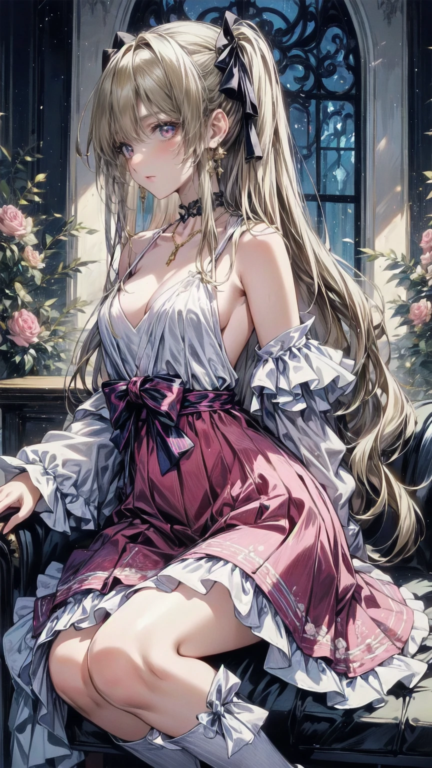 , full body view,Head to toe composition, (8k,  best quality, masterpiece: 1.2),  Ultra High Definition ,,  Marie Antoinette  ,  super detailed face ,fine grain, Open a little ,(blonde),Long Hair,  wavy hair in front of the station  , break,Rococo Ruffle Dress,Long sleeve dress,  the dress has a long skirt  , Baroque Dress ,  intricate fantasy dress  , Luxurious and glamorous dress  ,  romantic dress, Ruffled Costume ,lottery, Data Style, Formal Wear, Fancy Fashion, palate colors include pink and white,(pink:1.5),Class A Smile,Gold Tiara,  Necklaces  ,Sit in a fancy chair,  you have to tie your hands behind your back  ,(  rainbow light  :1.4),, Profile of a person gazing out a window , Rosebush is reflected in the window  ,(Inside Victoria Palace)、Her eyes are shining、今彼女のblondeの髪は腰まで伸びている、Rose-colored gradation and three, 薄いpinkのロック. 彼女は花柄の装飾が施されたGold Tiaraを着用し、 Matching earrings  , white flower choker. 彼女は金色のボタンで縁取られたフリル付きの白いストライプのpinkのトップを着ている, The white sleeves are in the shape of a bud  .. 胸を通る濃いpinkのリボン ..、 At the back of her neck  、Matching chest piece, Decorated with flowers.  her ruffled skirt is separated by a white line  , Fastened with a large magenta ribbon、Decorated with gold, There is a small ribbon on the back. Her mini skirt、薄いpinkのマゼンタの貝殻状の裏地と白い花のペチコートでできている. 彼女はpinkの花がついた白い手袋も着用している, 白と薄いpinkの靴には、ゆるいカフとDecorated with flowersたマゼンタのリボンがある.
