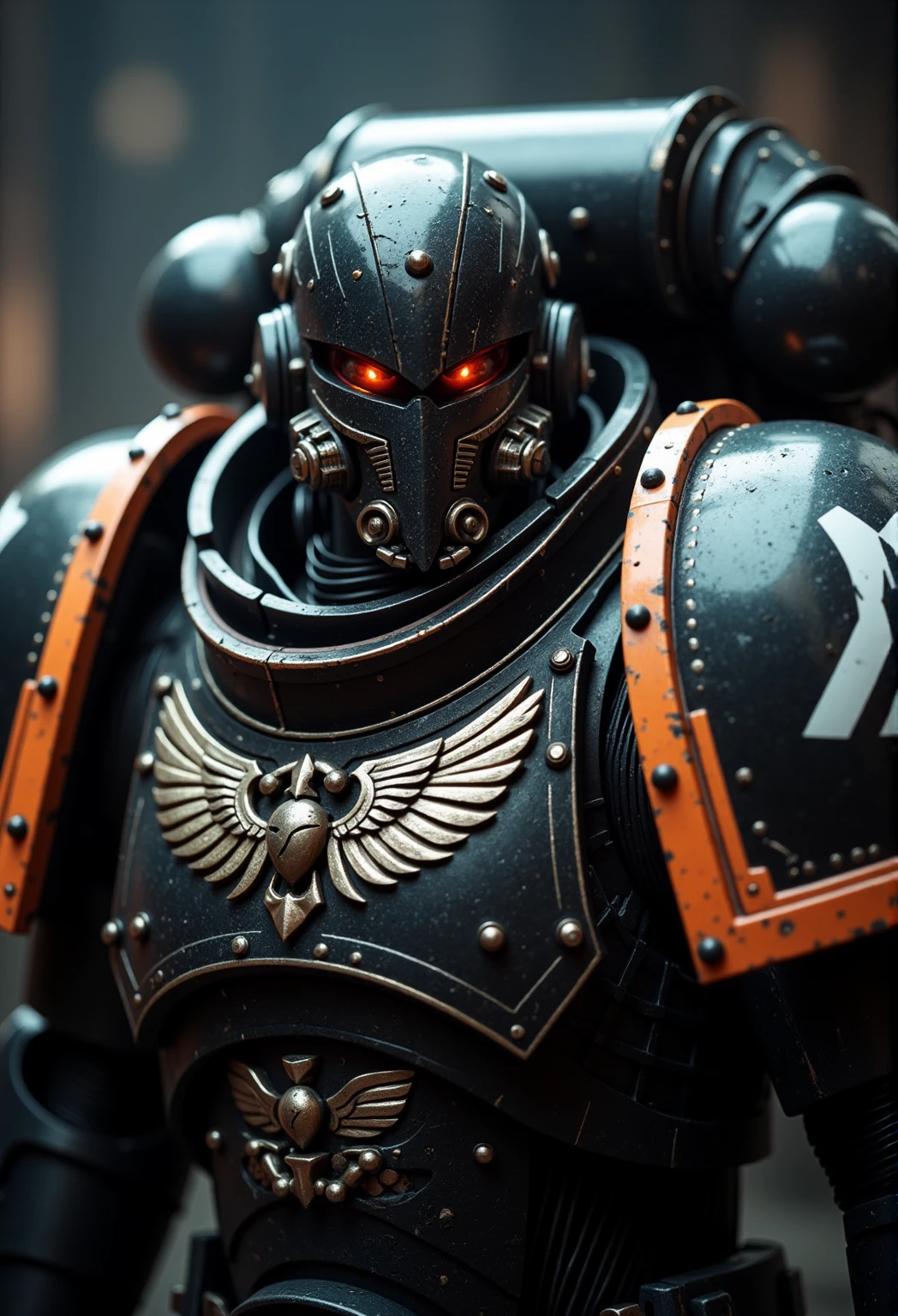 cinematic film still, close up, RavenG40k, clad in power armor. with rich, vibrant colors and meticulous textures for his power armor and helmet, vignette, highly detailed, bokeh, moody, epic, film grain, grainy 