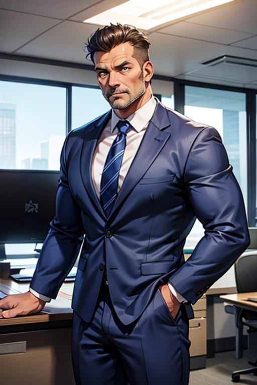 A middle-aged muscular man in a suit is standing indoors in an office