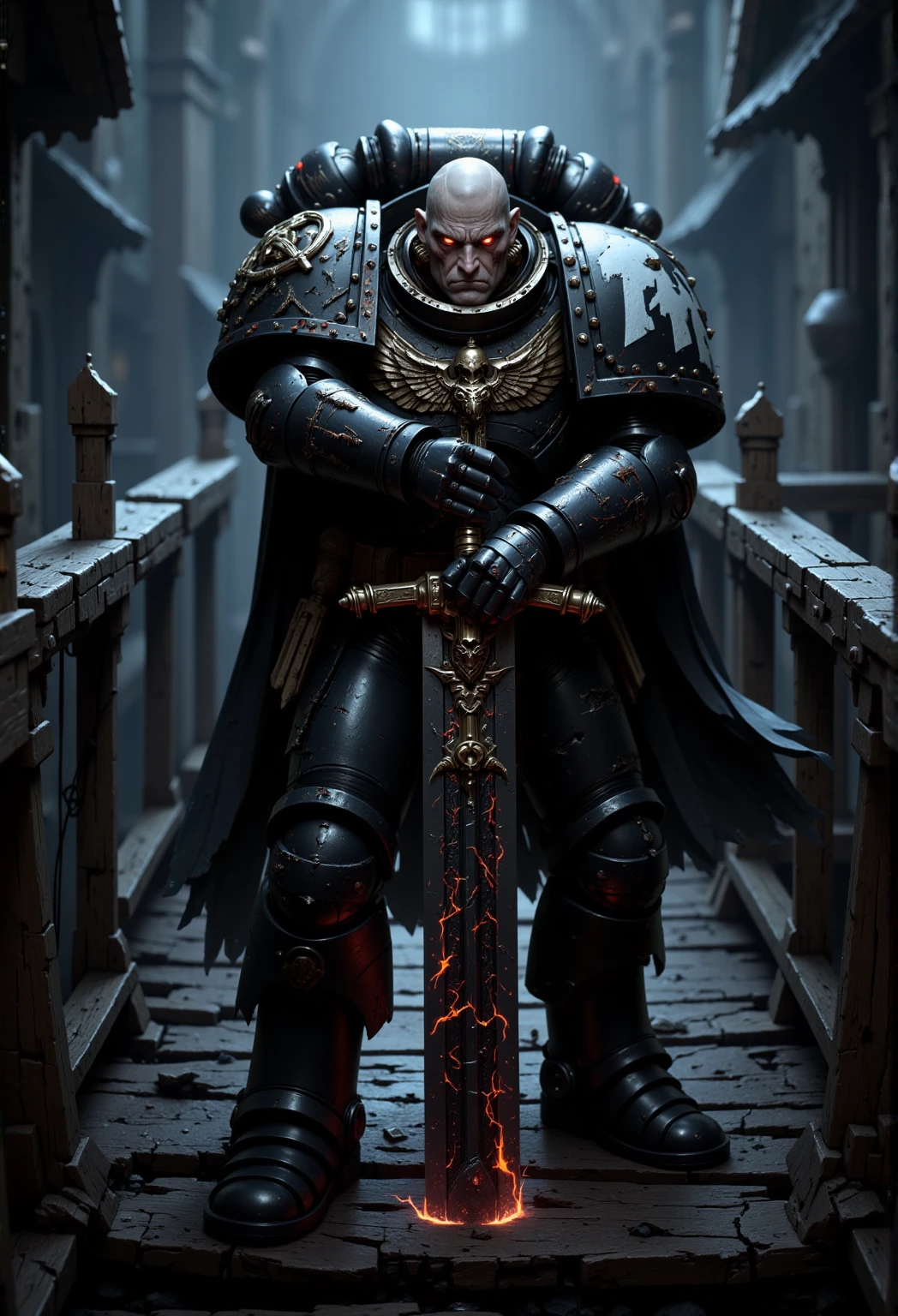 A Powerful RavenG40k space marine, draped in tattered, dark power armor that pulses with a faint, eerie glow, stands on a creaking wooden bridge. He points the tip of a massive, rune-etched sword menacingly at the camera, the blade crackling with dark energy. Shadows swirl around him, and the misty air is thick with tension. red flames flicker within his hollow eyes, reflecting the bridge's warped, splintered planks, over the sword camera view  