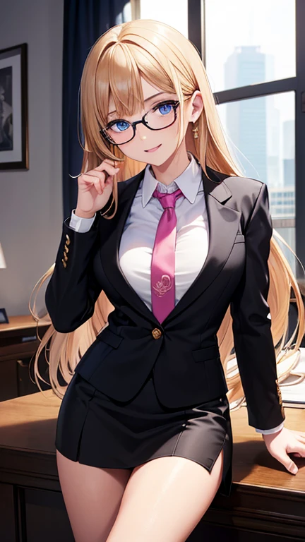 (Best quality:1.1), (Masterpiece:1.2), Highqualityshadow, Beautiful detailed, Beautiful face, Detailed eyes, Off-the-shoulder attire,Depth of field, A high resolution, Best shadow, Best illumination, 1girll, view the viewer, (Blonde hair:1.3),short detailed hair, Blunt bangs, Long hair, Purple eyes, Shy, Large breasts, Miniskirt, blouse, Blazer, Pump, Office Lady, Glasses,cleavage,looks into camera,ssmile,closeup cleavage