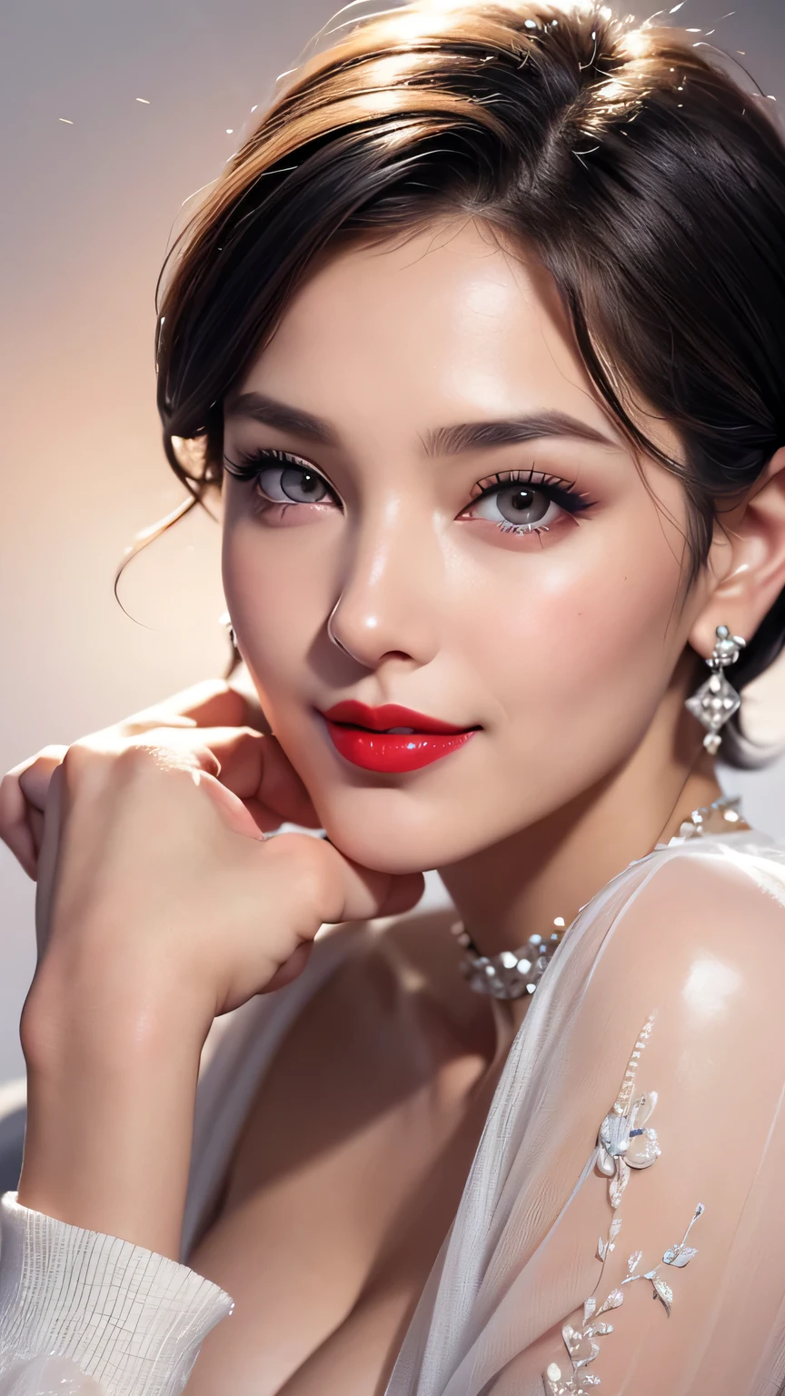Best quality, Masterpiece, high_precisionism, ultra hot sexy girl:1.73 , Hair decoration, necklace, jewelry, Beautiful detailed face:1.1 , Gray eyes, plump red lips, Big smile, Face Makeup, Black hair, damp, cleavage 
short hair, International Fashion, ارتداء highة, Full body cover, Tight Dprecisionisms, Full body detail, multiplicity, Realistic:2.2 , Edge lighting, Two-color lighting, (جلد high التفاصيل: 1.2), 8K Ultra HD, dslr, Soft lighting, جودة highة, Volumetric lighting, Clear., Photography, دقة highة, 4K, 8K, sad, silly,