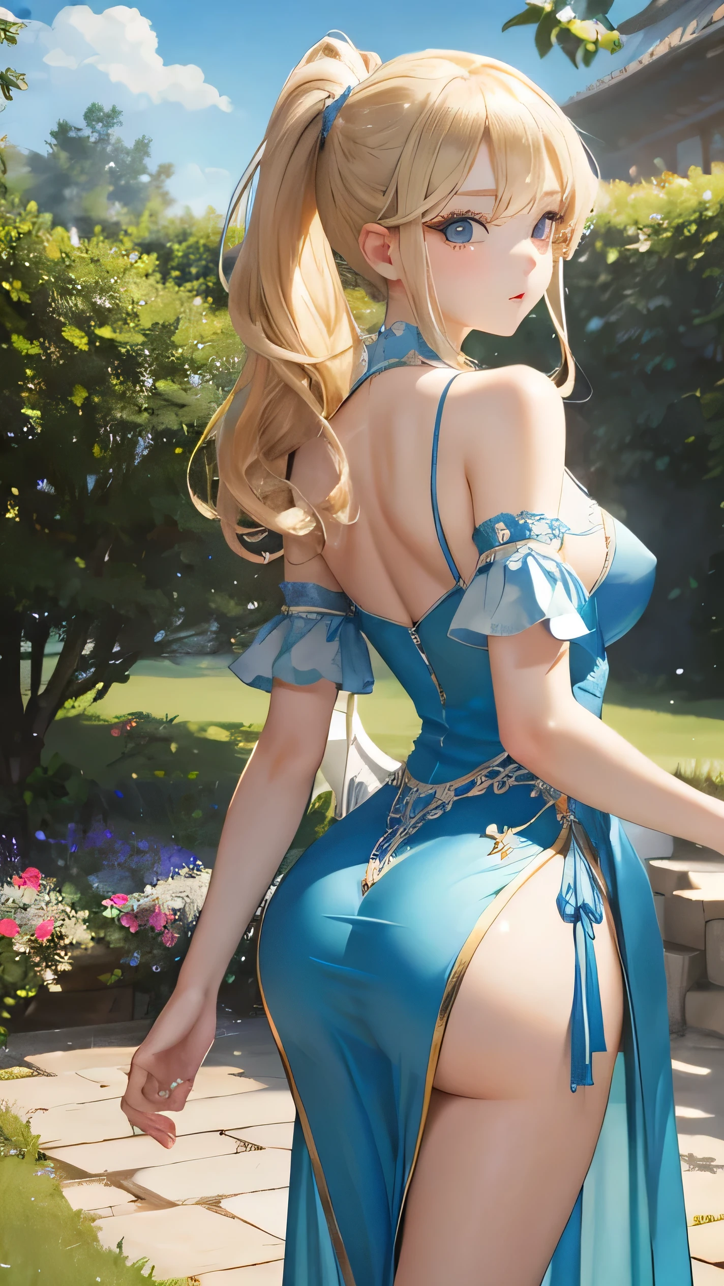 (masterpiece:1.2), (highest quality:1.2),, Curvy but slender body, perfect eyes, perfect face, perfect lighting, 1 girl, in the garden, (feet visible),(T-back),(China dress),(view from directly behind),(I can see your butt),(ponytail),curly hair, Fine clothes, Detailed outdoor background, compensate, eye shadow, thick eyelashes, fantasy, looking at the viewer, whole body,alice in wonderland、blue sky、Bright and very beautiful face、young shiny glossy white shiny skin、the best beauty、The most beautiful bright blonde hair in the world、thin hair、long hair、Shining beautiful bangs、Glowing crystal clear big purple eyes、Very beautiful lovely old most beautiful girl in the world、small breasts