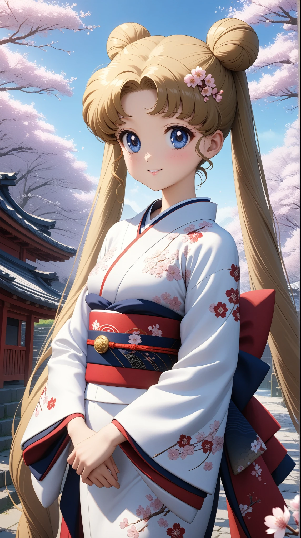 (masterpiece, best quality, very aesthetic , ultra detailed), intriguing details, 4K, aausagi, long hair, double bun, twintails, Furisode, small breast, 1girl, smile, standing arms to the sides, white cherry blossoms, detailed background, intricate details