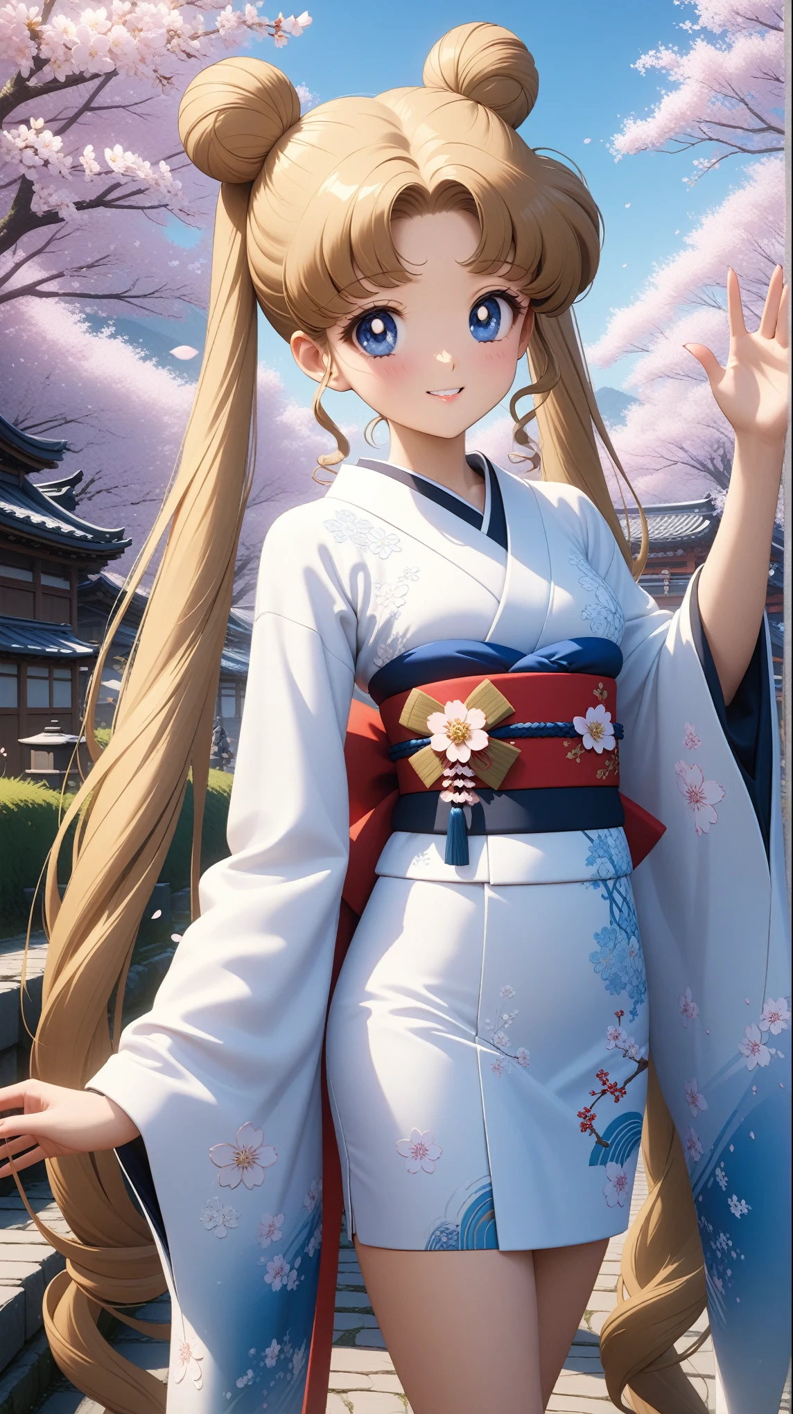 (masterpiece, best quality, very aesthetic , ultra detailed), intriguing details, 4K, aausagi, long hair, double bun, twintails, Furisode, small breast, 1girl, smile, standing waving, white cherry blossoms, detailed background, intricate details