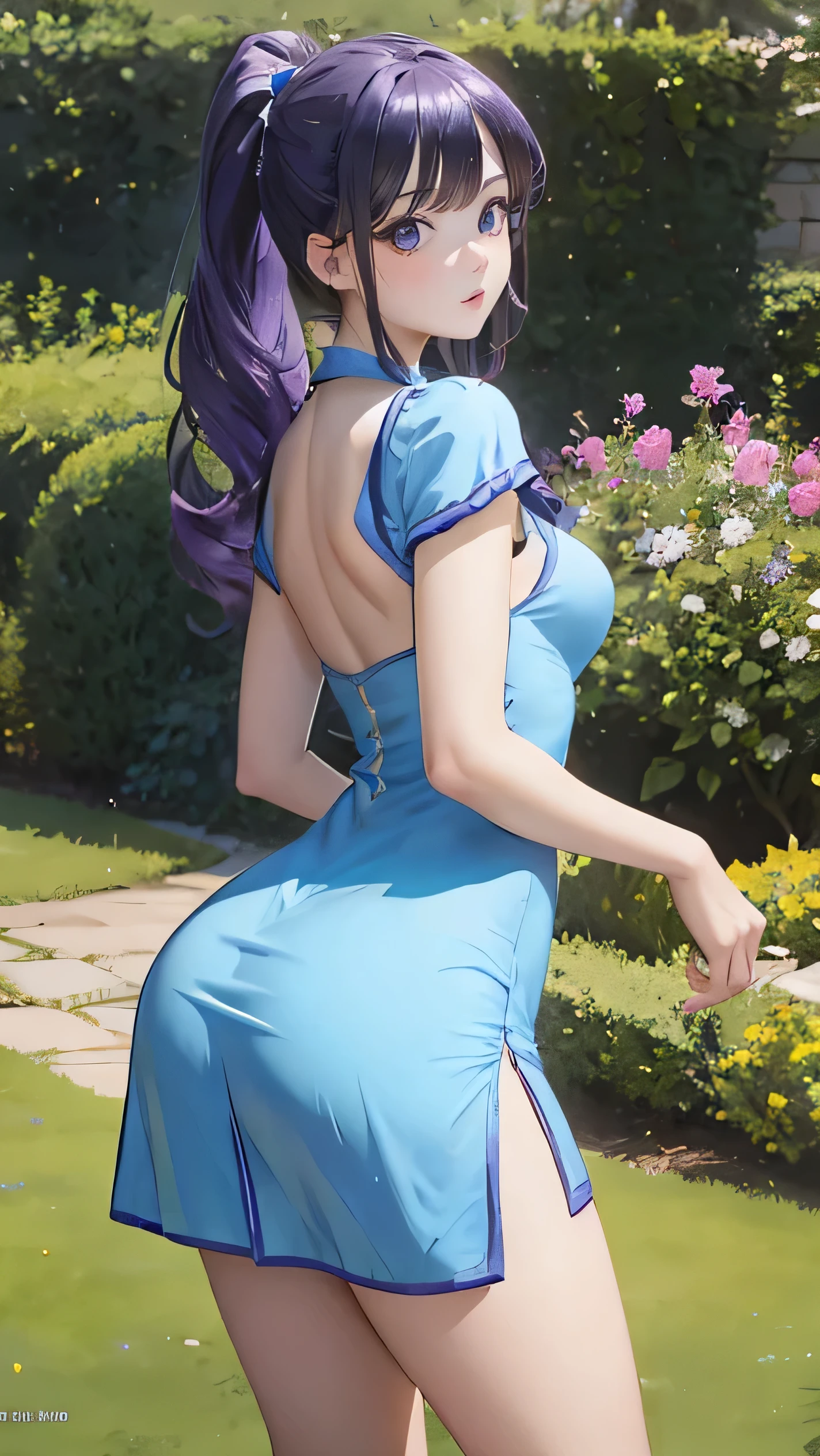 (masterpiece:1.2), (highest quality:1.2),, Curvy but slender body, perfect eyes, perfect face, perfect lighting, 1 girl, in the garden, （feet visible），（T-back），（China dress），（view from directly behind），（I can see your butt），（ponytail），curly hair, Fine clothes, Detailed outdoor background, compensate, eye shadow, thick eyelashes, fantasy, looking at the viewer, whole body，alice in wonderland、blue sky、Bright and very beautiful face、young shiny glossy white shiny skin、the best beauty、The most beautiful bright purple hair in the world、thin hair、long hair、Shining beautiful bangs、Glowing crystal clear big purple eyes、Very beautiful lovely old most beautiful girl in the world、small breasts