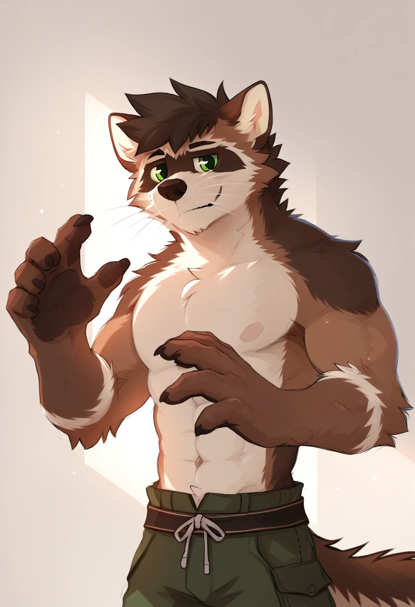 Wolf detailed face ,  pointy ears ,  detailed body,  detailed hands ,  pectorals defined,  green eyes, detailed eyes,  short hair,  brown fur  , ((pose)), Frame waist up, por pache riggs