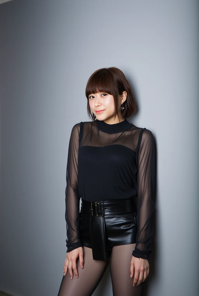 8k, RAW Photo, Best Quality, Masterpiece:1.2),(Realistic, photo-realistic:1.37), Super Detail, She is wearing tight thin fitting transparent black long sleeve turtleneck , no pants, transparent black pantyhose, cinematic lighting, ecstacy face, monotone background, facing front, smiling, portrait, dressed up to the belly button, dressed up to the neck
