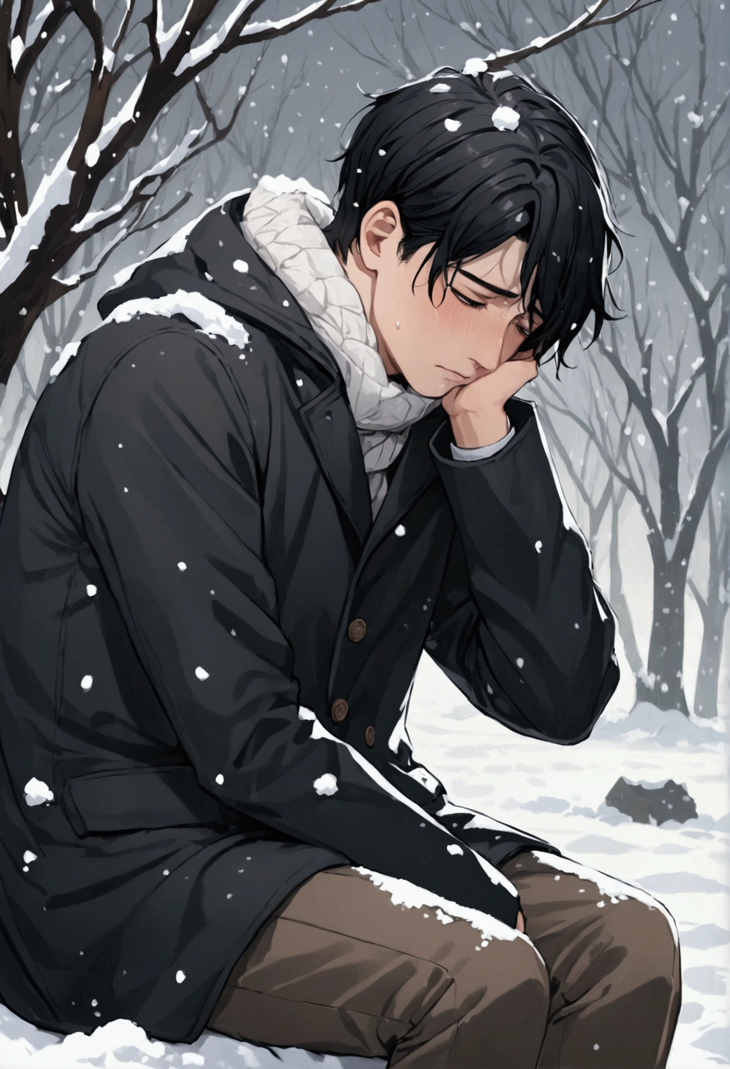 Boy crying in the snow