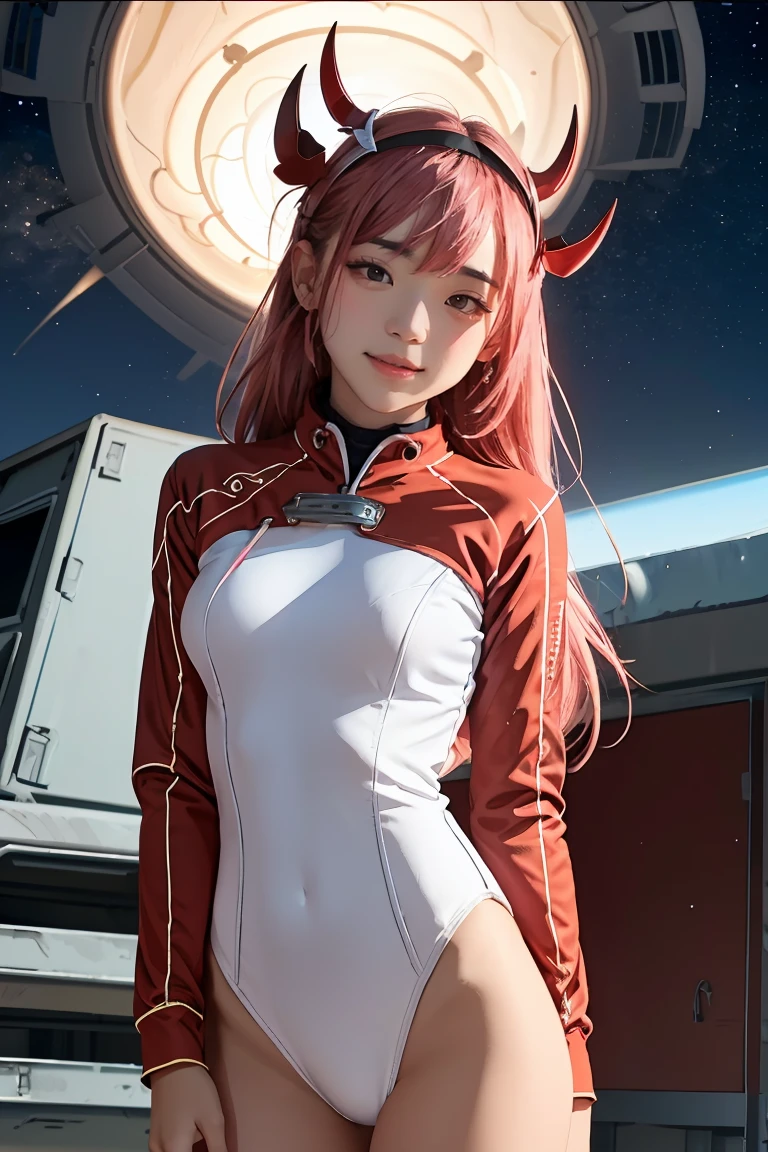 dynamic angle,ultra-detailed, illustration, straight on, 1girl, ((Zero two, interface headband with a pair of horns, red bodysuit:1.4, pink hair)), Her eyes shone like dreamy stars,(glowing eyes:1.233),(beautiful and detailed eyes:1.1),(expressionless, closed mouth),(standing), (mechanic room with tools and spaceship window in a white SPACESHIP), (night:1.2), dreamy, [[delicate fingers and hands:0.55]::0.85],(detail fingers), smirk,