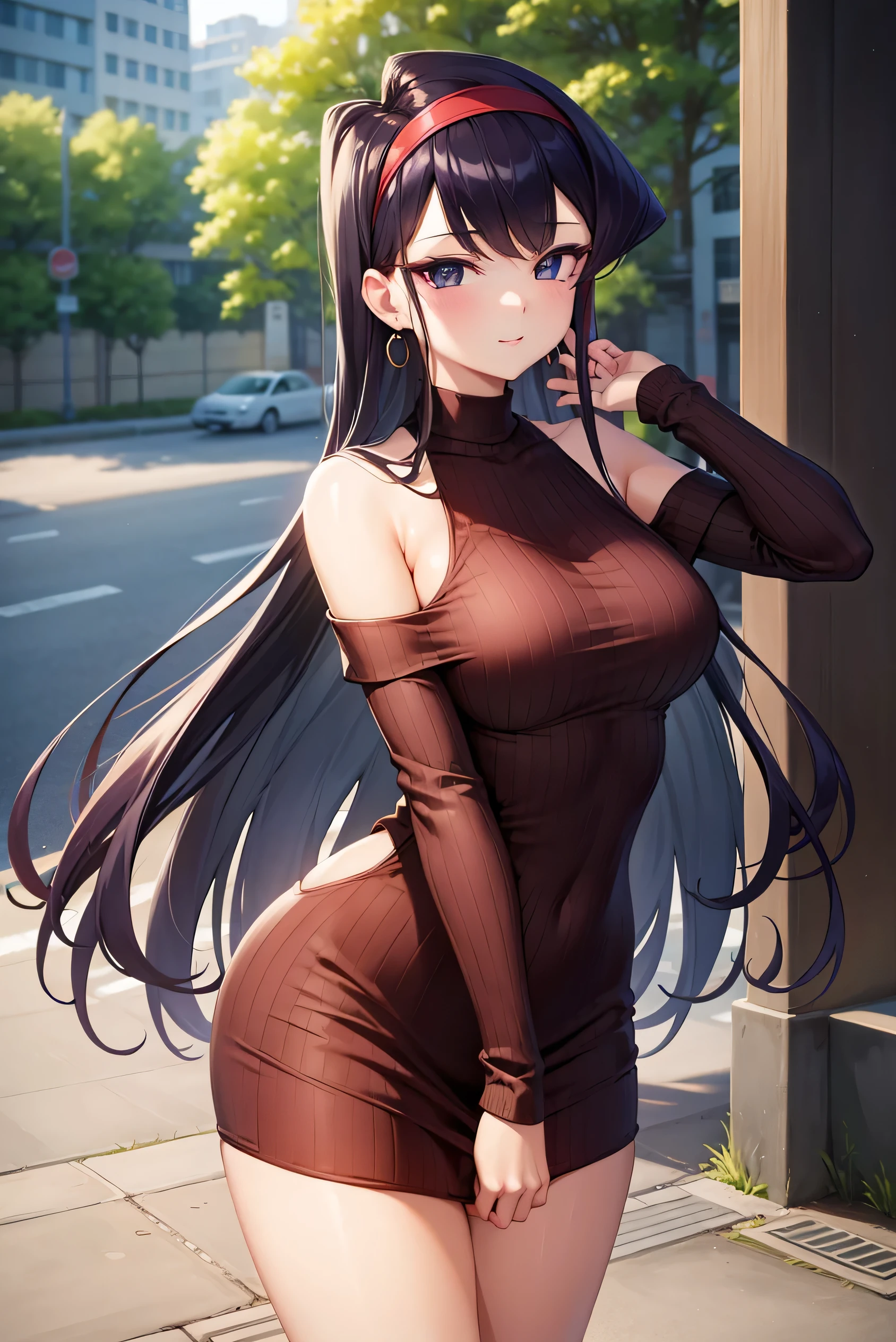 komi shouko, Purple hair, (Purple Eyes), earrings, gold hairband, shairband, Long hair, side locks, BREAK bare shoulders, clavicle, Dress, Long sleeves, off shoulders, Off shoulder dress, off-the-shoulder sweater, pantyhose, Red Sweater, Sweaters, sweater dress, thighs thighs thighs thighs, BREAK outdoors, city, BREAK looking at viewer, (masutepiece:1.2), Best Quality, High resolution, Unity 8k wallpaper, (Illustration:0.8), (Beautiful detailed eyes:1.6), extra detailed face, Perfect Lighting, extremely details CG, (Perfect hands, Perfect Anatomy), ,A smile、