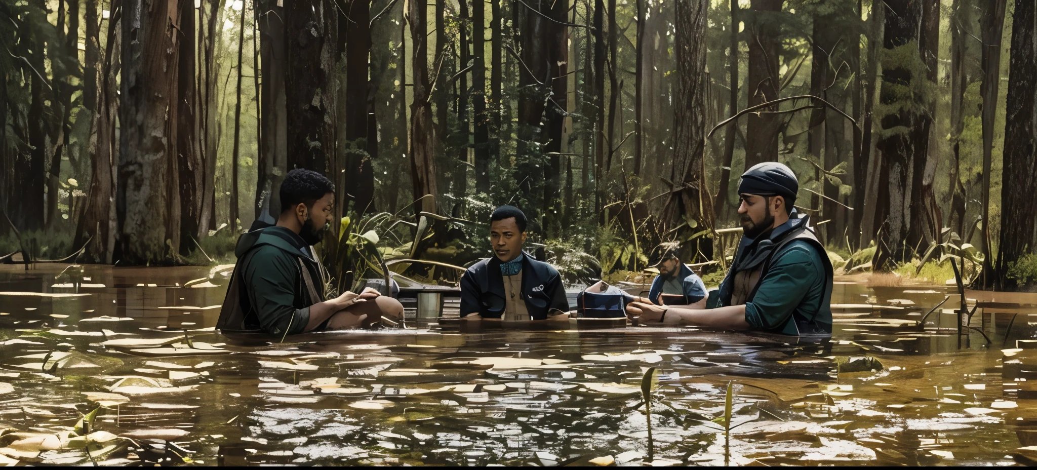 three men sit waist-deep in the swamp