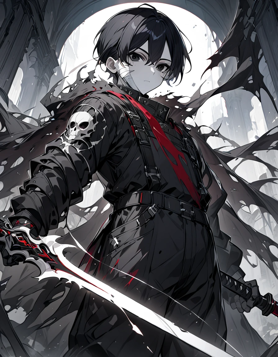 Black Haired Man,Black-red coveralls, holding a black sword with a white sword,cool,With a torn shawl ,There is a bandage ,thin, in black eyes,Skull mask ,Paradise