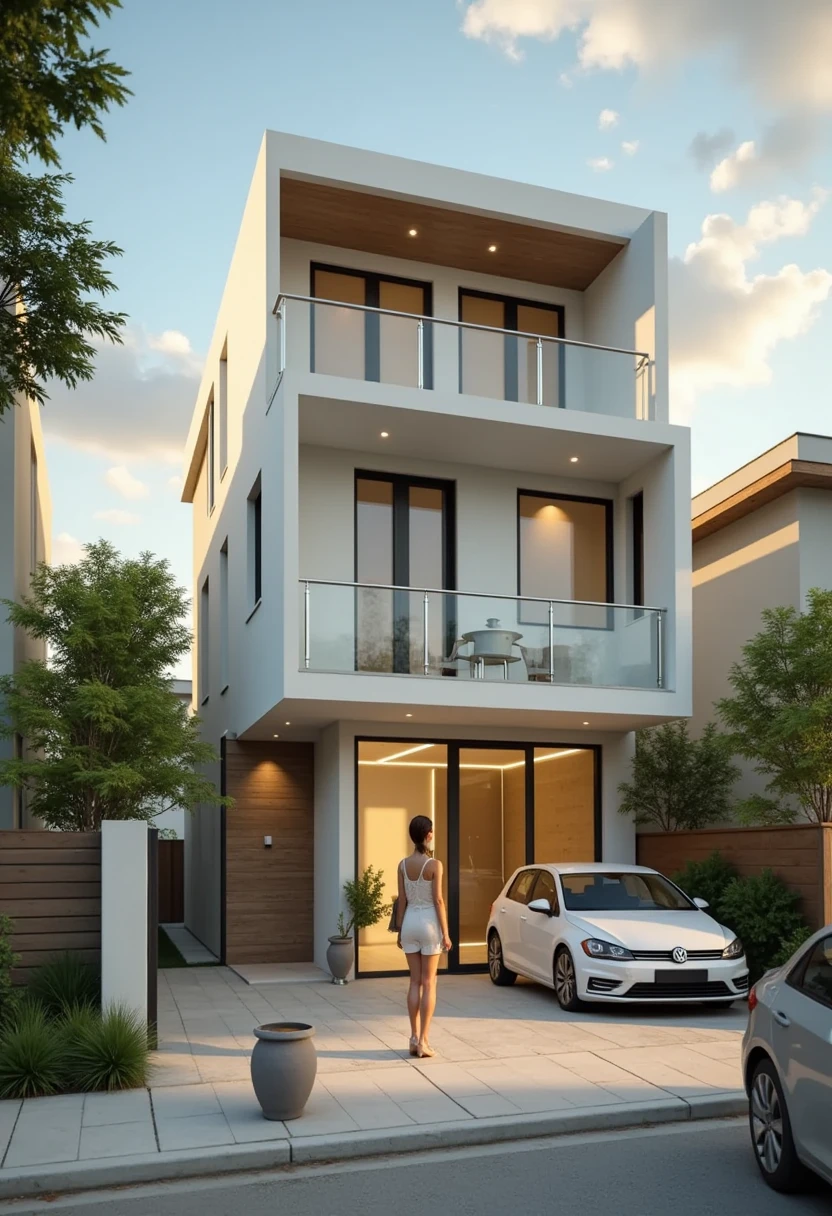 Lisamy stand front of a modern townhouse, panoramic view of modern townhouse, front angle into modern townhouse, View from a distance into Lisamy