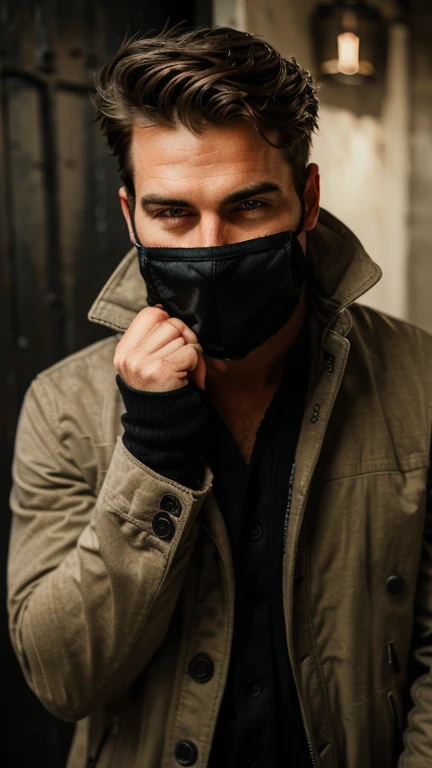 Handsome guy wearing cool clothes covering one side of his face with his hand, HD Handsome guy wearing cool clothes covering one side of his face with his hand, Best Quality, Red Eyes, Fang