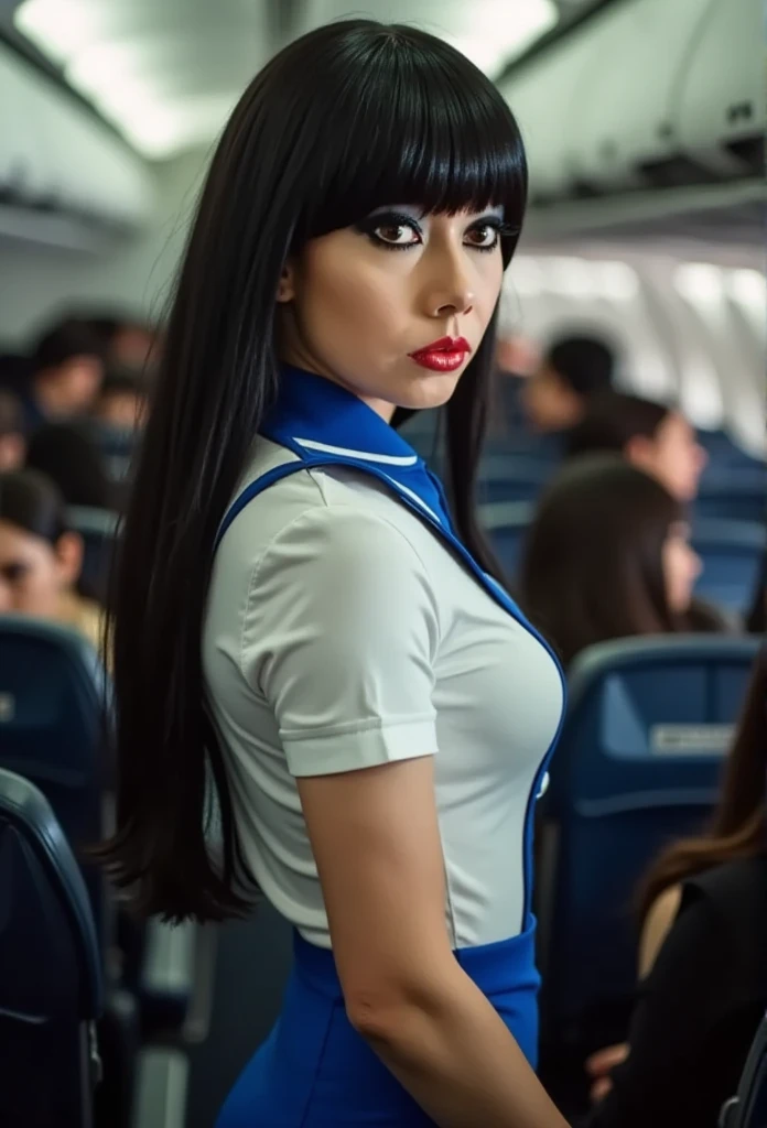 ((( three-quarter photograph ,  faint lighting ,   sharp focus,  detailed face of Jacqueline , (((( beautiful woman in a white shirt with a uniform collar of a stewardess, tight blue skirt ))),  she is smiling and flirting )), brown eyes,  seductive,  smooth and shiny black hair , make-up,  red lips)),  Side view ,  background inside an airplane , standing, many passengers
