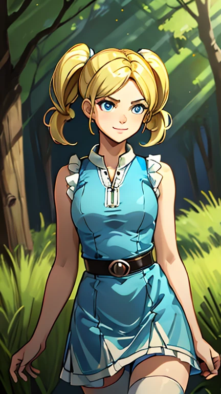 (1girl, Bubbles), (extremely detailed CG unit 8k wallpaper),(master part), (best quality), (ultra detail), (best illustration),(Fire Emblem Style), cowboy shot, standing, facing viewer, looking at viewer, perfect face, perfect eyes, perfect fingers, (Sharp eyeliner, ombre, detailed eyes:1), (FanFo), perfect anatomy, ambient lighting, face lighting,  a small lake in a forest, sunlight, godrays, reeds, outdoor background, break , upper body, solo, smile, (yellow-blonde hair, blue eyes, short twintails, pigtails), (dress, sky-blue sleeveless dress, simple black belt, white thighhighs)
