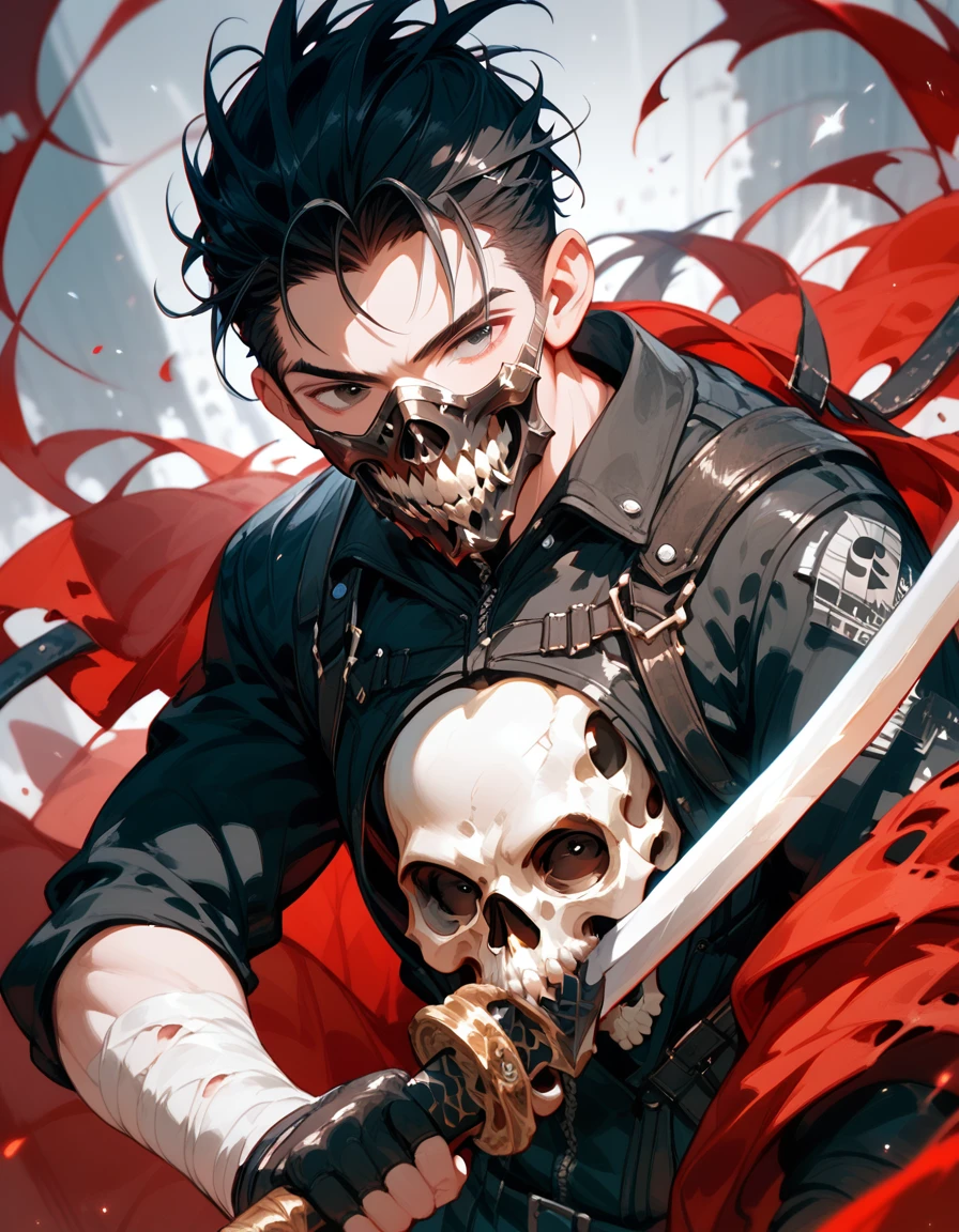 Black Haired Man,Black-red coveralls, holding a black sword with a white sword,cool,With a torn shawl ,There is a bandage ,thin, in black eyes,Skull mask ,Paradise