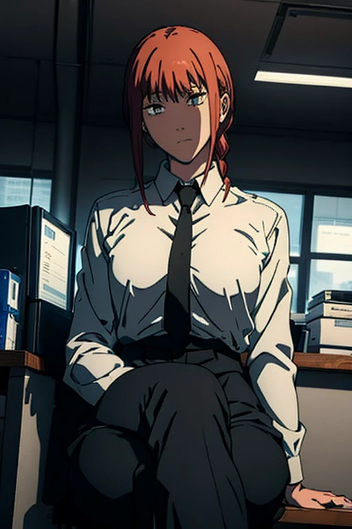 makima from chainsawman, wearing her iconic white long sleeve, black tie, wearing black dark business pants, black business suit, hair braided, sitting, office setting, legs crossed, looking at camera 