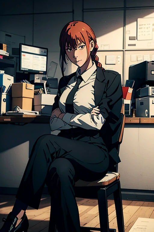 makima from chainsawman, wearing her iconic white long sleeve, black tie, wearing black dark business pants, black business suit, hair braided, sitting, office setting, legs crossed, looking at camera 