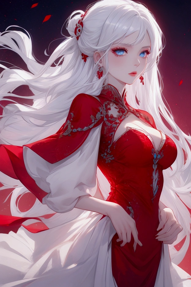 a close up of a woman in a Red dress with roses, Extravagant dress, 8k highly detailed , dressed beautiful gown, Wearing a wonderful dress, Red dress, Detailed dress and face, All red, beautiful gown, gown, elegant Red dress, red, Wearing a wonderful dress, Exquisite digital illustration,The most beautiful woman in the world、White Hair、White eyes、Best Style、Beautiful legs、whole body