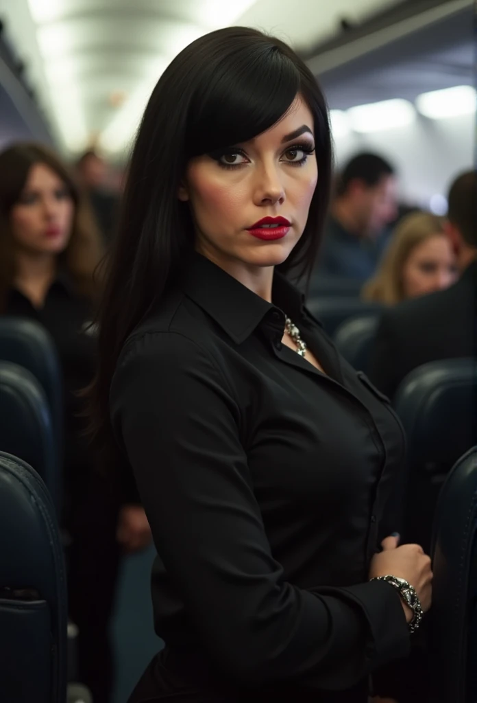 ((( three-quarter photograph ,  faint lighting ,   sharp focus,  detailed face of Jacqueline , ((((beautiful woman in black shirt with uniform collar as a stewardess, tight black skirt))),  she is smiling and flirting )), brown eyes,  seductive,  smooth and shiny black hair , make-up,  red lips)),  Side view ,  background inside an airplane , standing, many passengers
