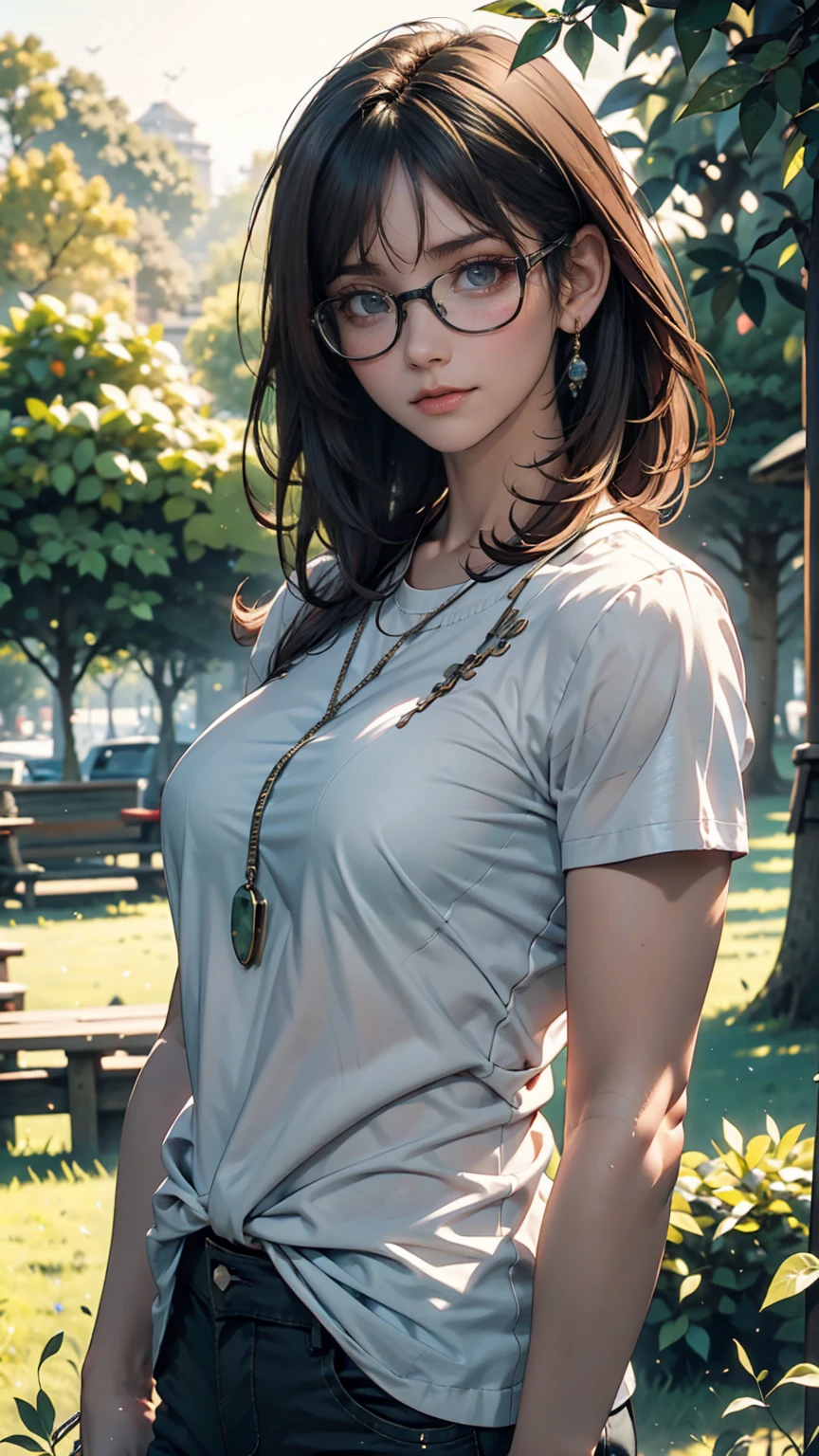  Punk Girl Wearing Glasses and a Black Shirt,  Blurry Green Grass and Trees on the Background 々,  short brown hair,  detailed face ,  High Quality ,  high definition 